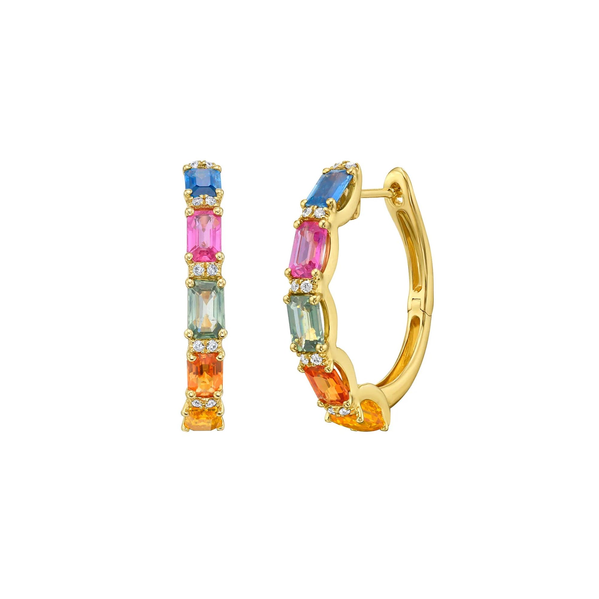 1/8 CT. Tw. Multi-Sapphire and Diamond Hoops 10K Yellow Gold Earring Size 3.50mm