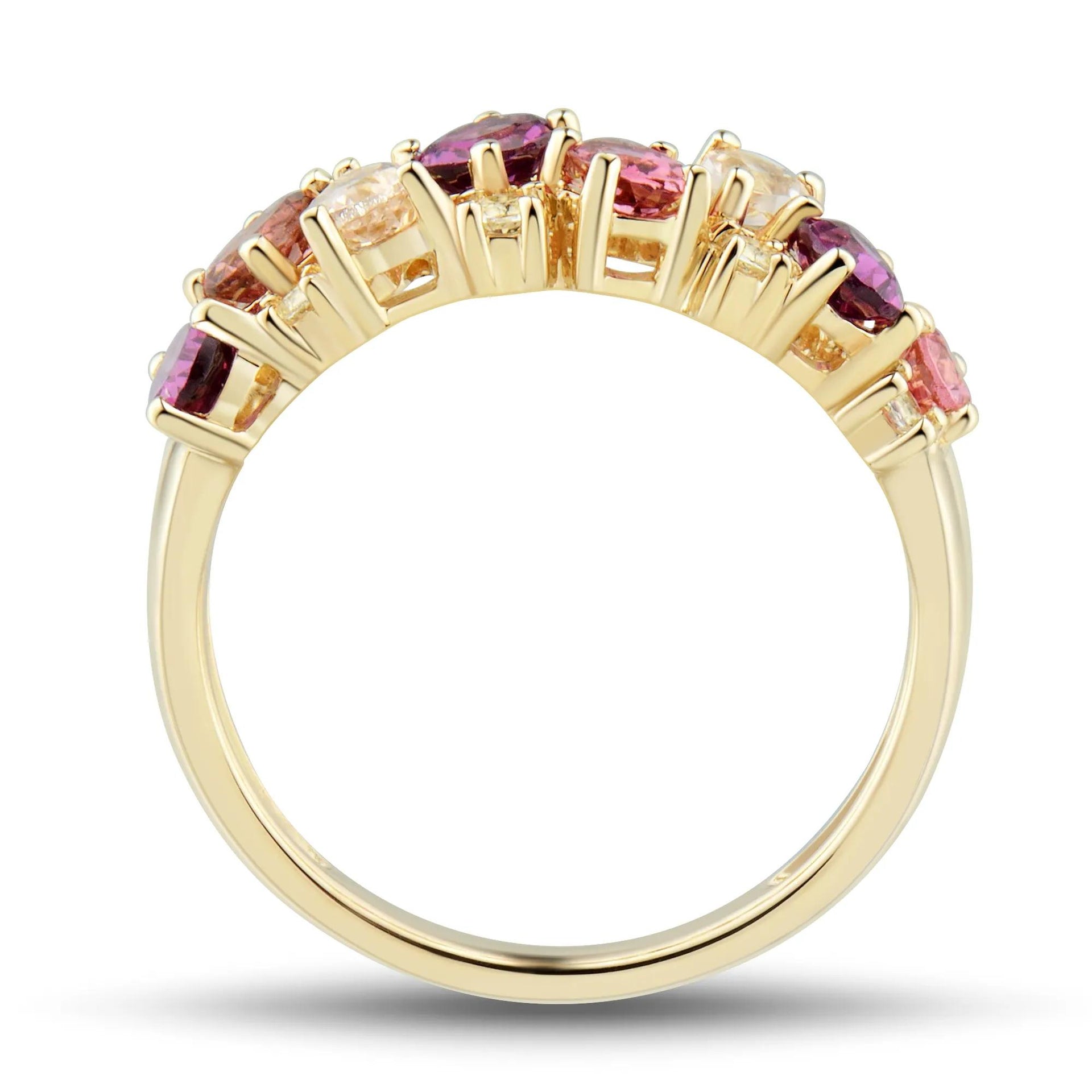 Multi-Shape Pink Morganite Pink Tourmaline Red Garnet and White Topaz Ring 10K Yellow Gold Size 9 1mm