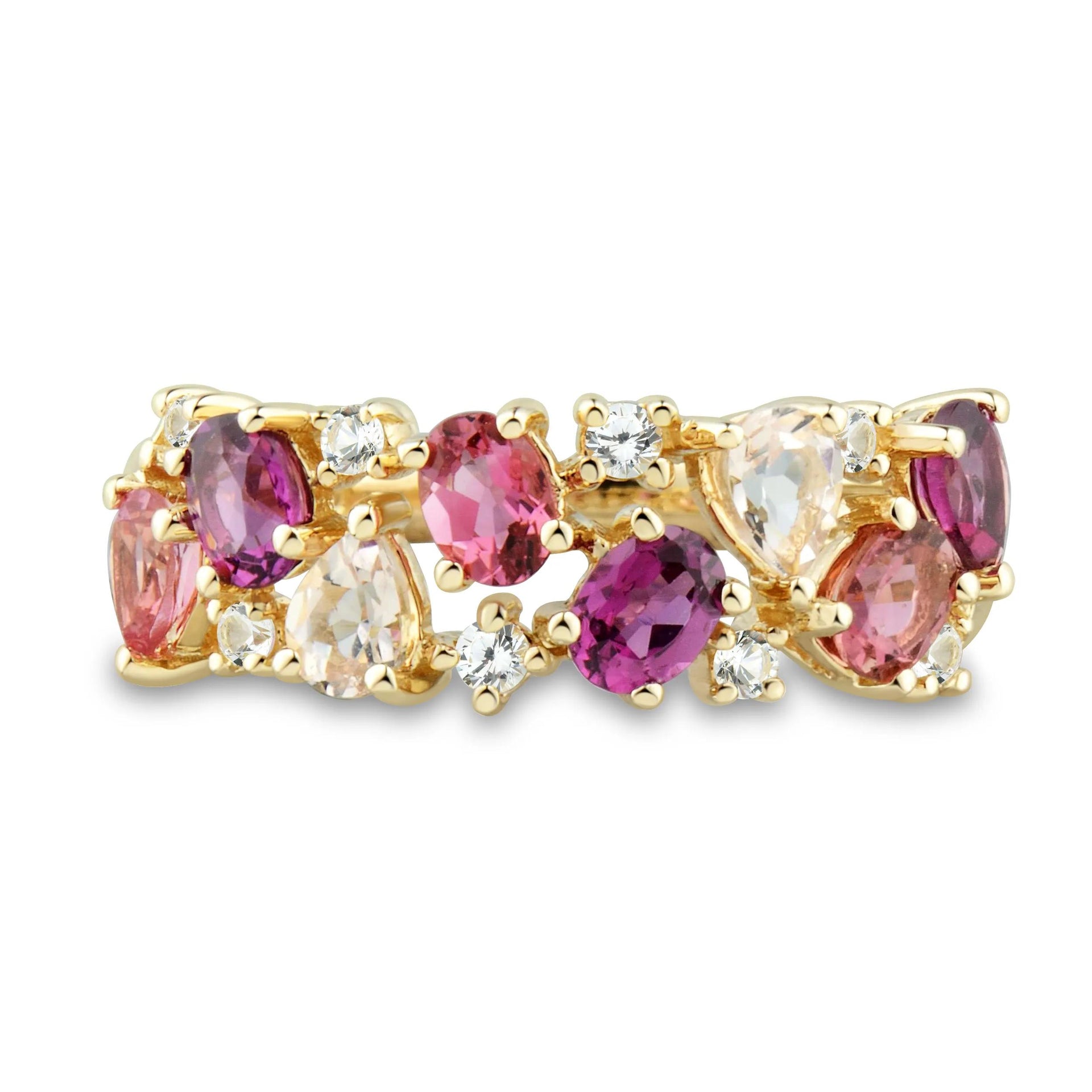 Multi-Shape Pink Morganite Pink Tourmaline Red Garnet and White Topaz Ring 10K Yellow Gold Size 9 1mm