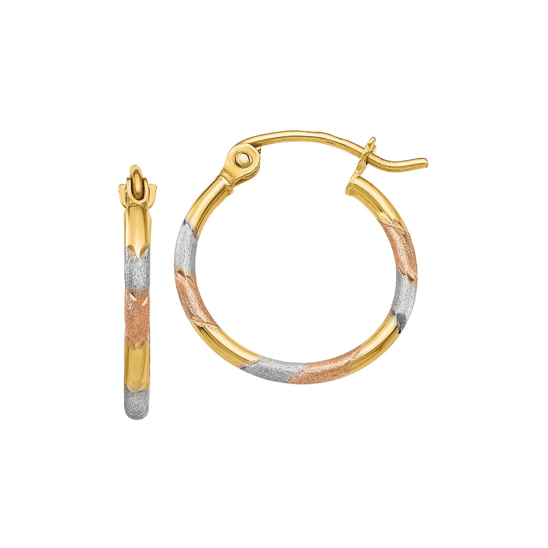 Multi-Texture Hoops with White and Rose Rhodium 14K Yellow Gold Earring Size 14.00mm