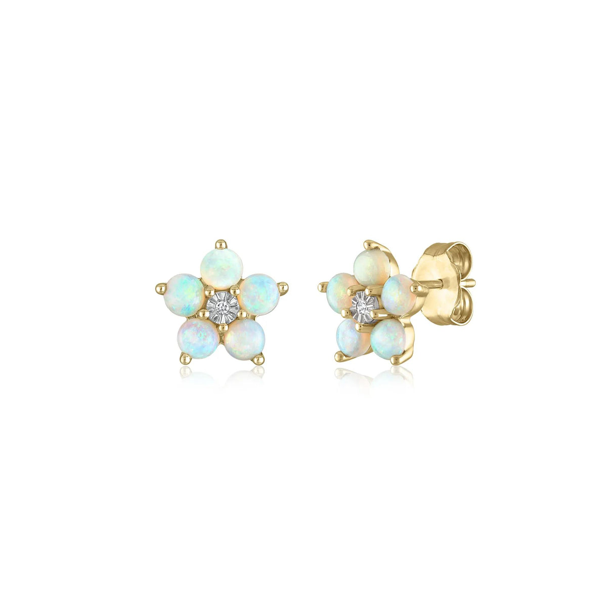 Opal & Diamond Accent Flower Earrings 14K Yellow Gold Size 10.00mm