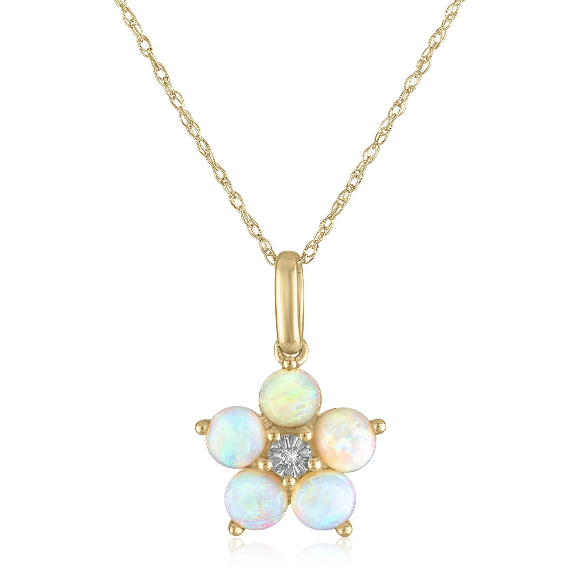 Opal & Diamond Accent Flower Pendant Necklace 14K Yellow Gold Size 18"