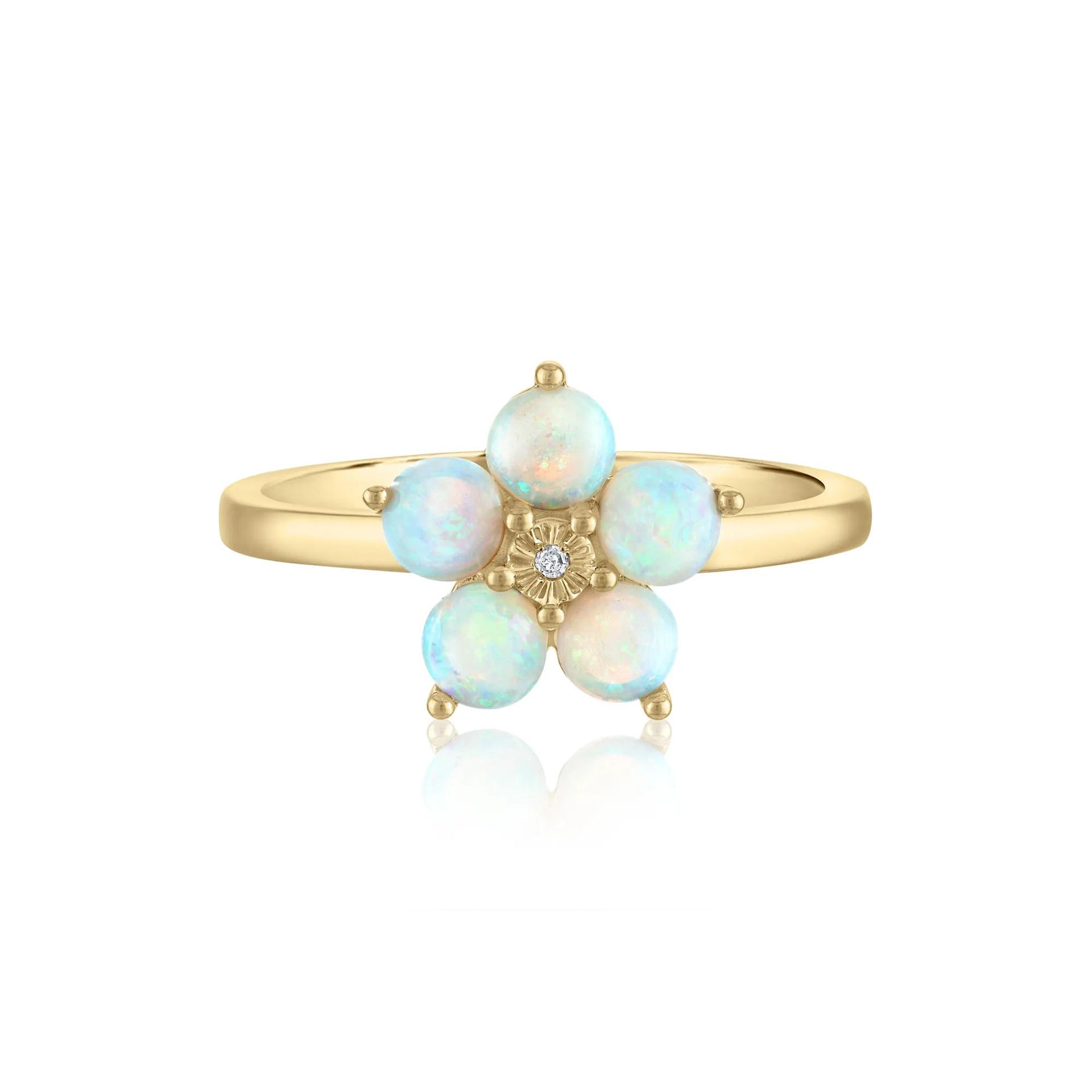 Opal & Diamond Accent Flower Ring 14K Yellow Gold Size 7 2mm
