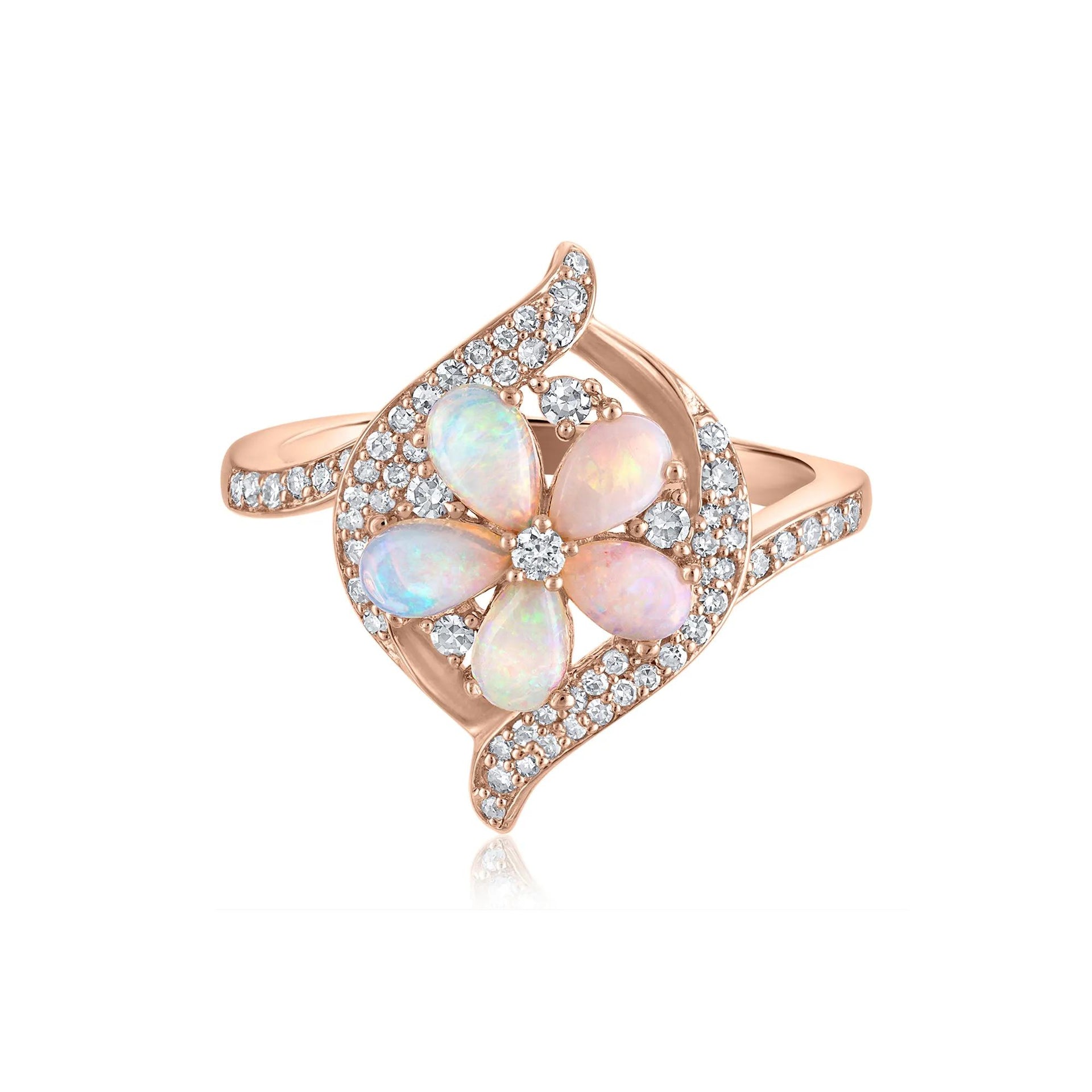 1/3 CT. Tw. Opal and Diamond Flower Ring 14K Rose Gold Size 7 2mm