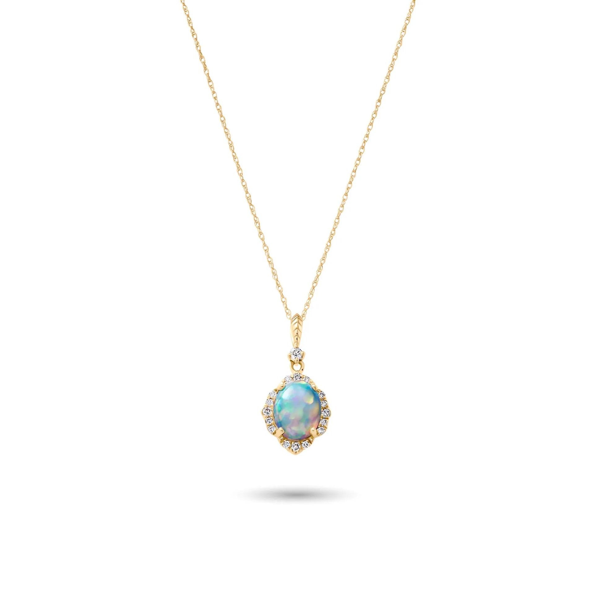 1/5 CT. Tw. Opal and Diamond Oval-Shaped Pendant Necklace 10K Yellow Gold Size 18"