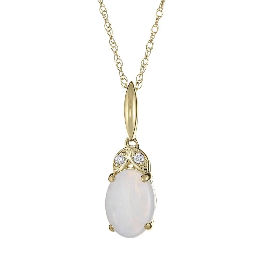 Opal & Diamond Pendant Necklace 10K Yellow Gold Size 18"