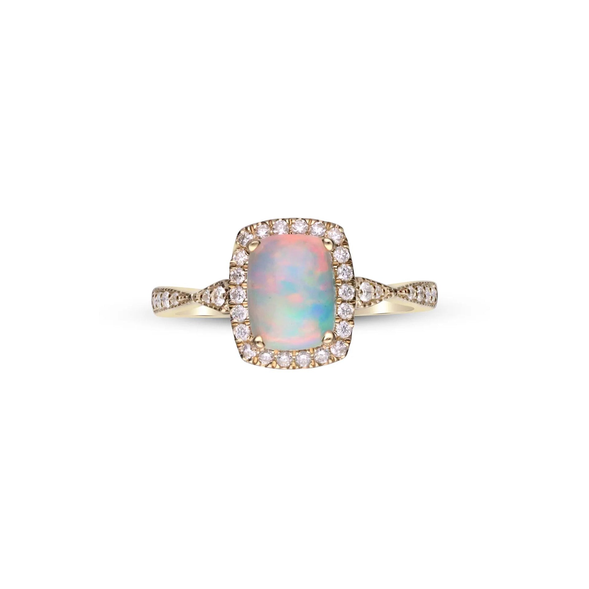 1/5 CT. Tw. Opal and Diamond Ring 10K Yellow Gold Round Brilliant Cut Size 8.5 2mm