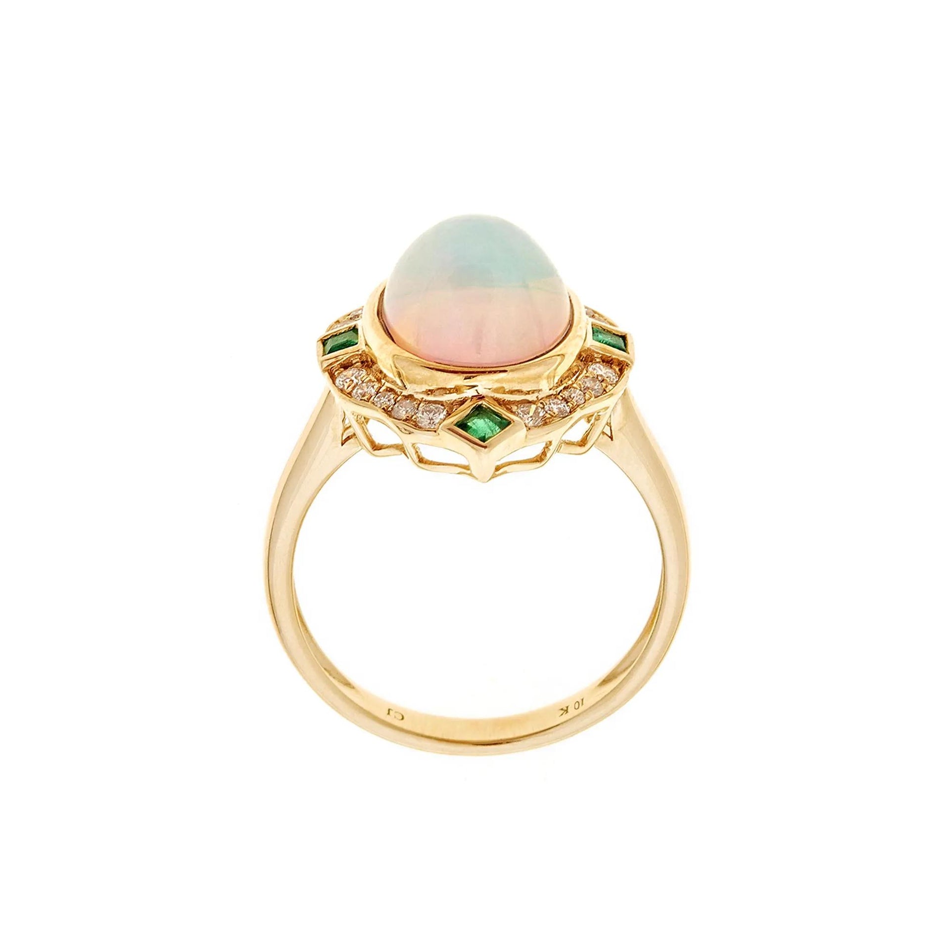 1/5 CT. Tw. Opal Emerald & Diamond Ring 10K Yellow Gold Round Brilliant Cut Size 7.5