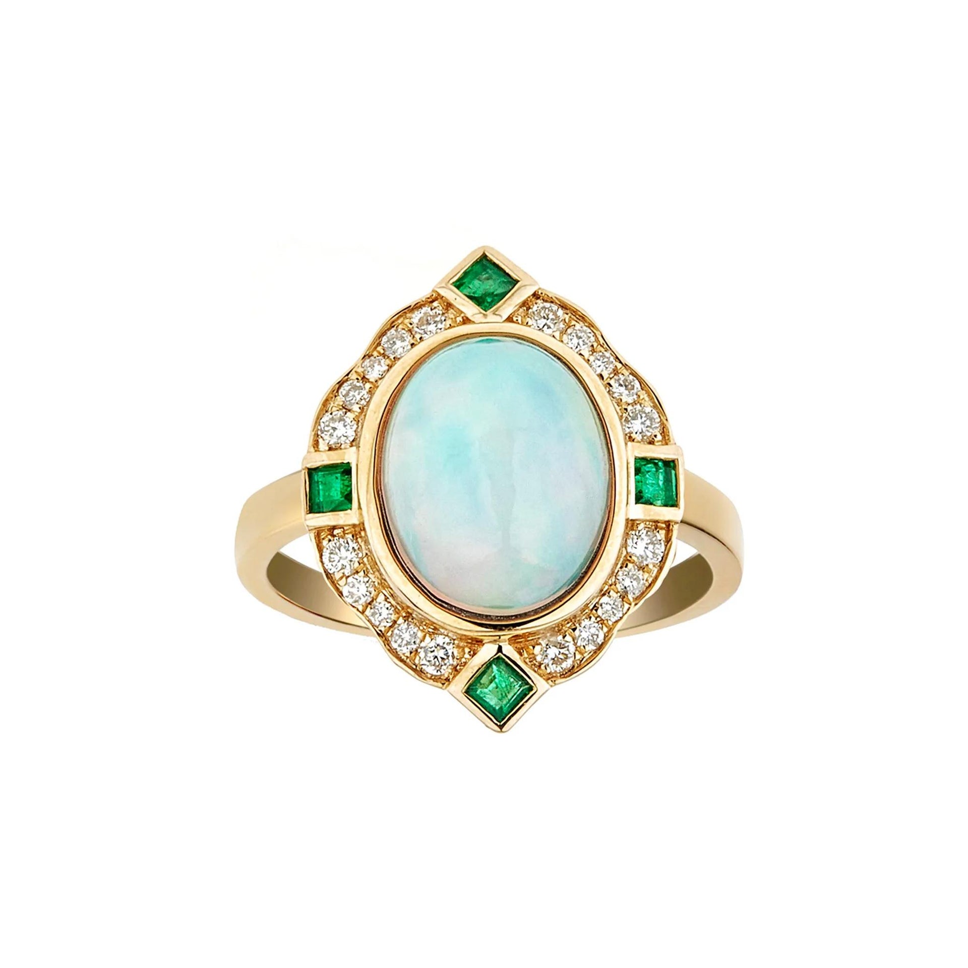 1/5 CT. Tw. Opal Emerald & Diamond Ring 10K Yellow Gold Round Brilliant Cut Size 7.5