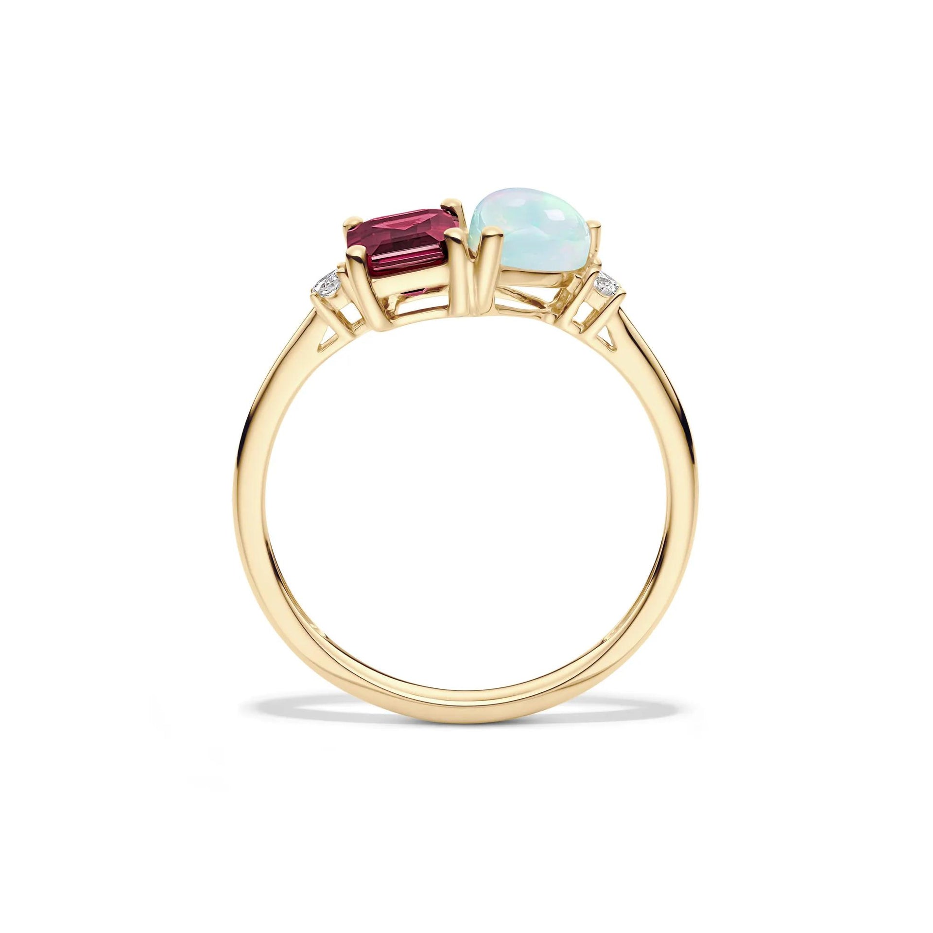 Opal Rhodolite and Diamond Accent Toi Et Moi Ring 10K Yellow Gold Round Brilliant Cut Size 7 2mm