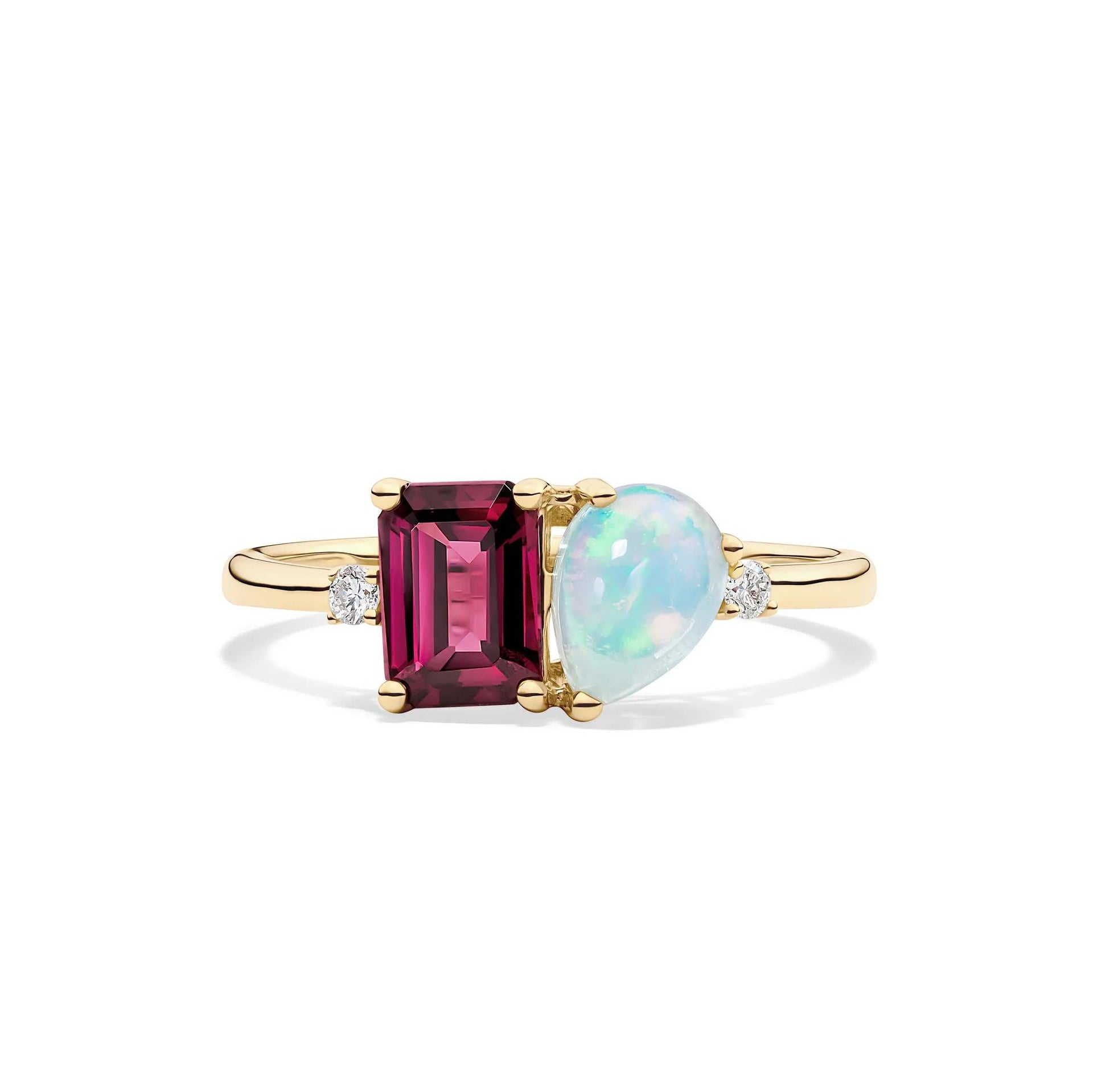 Opal Rhodolite and Diamond Accent Toi Et Moi Ring 10K Yellow Gold Round Brilliant Cut Size 7 2mm