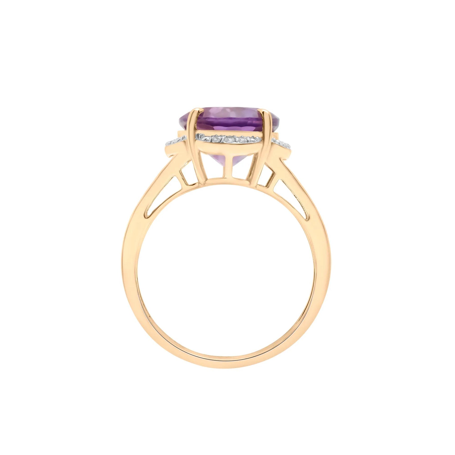 Oval Amethyst and Diamond Accent Cocktail Ring 10K Yellow Gold Size 5.5 2mm