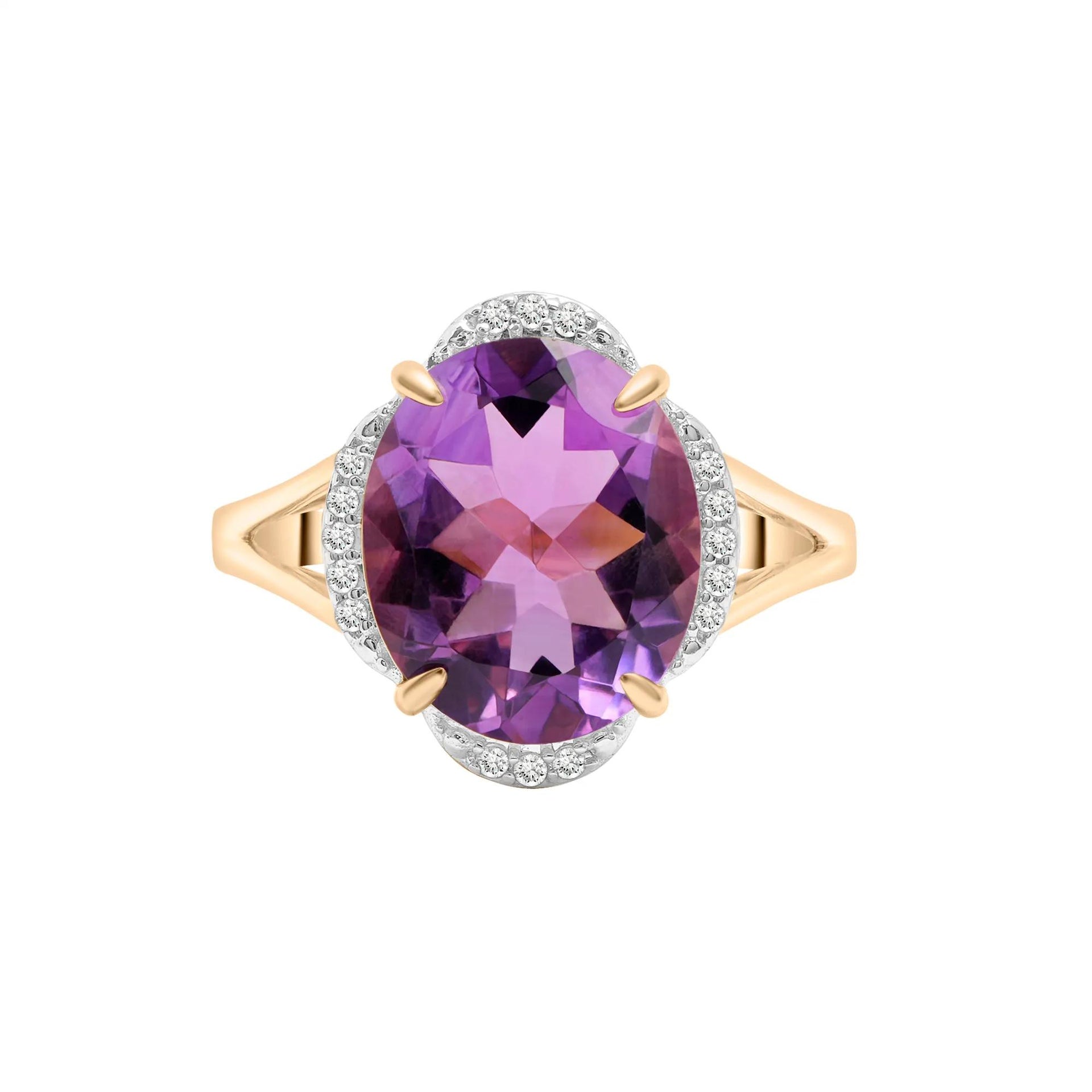 Oval Amethyst and Diamond Accent Cocktail Ring 10K Yellow Gold Size 5.5 2mm