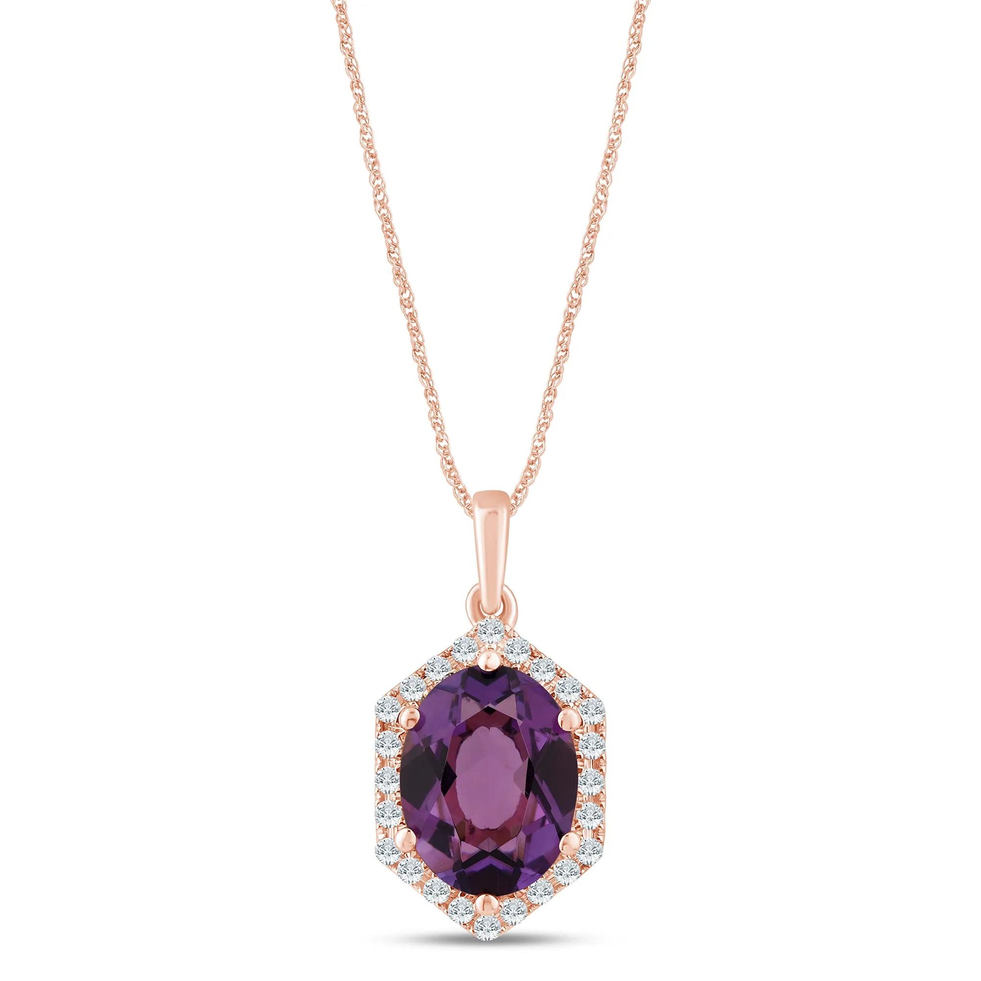 1/10 CT. Tw. Oval Amethyst Pendant Necklace 10K Rose Gold Size 18"