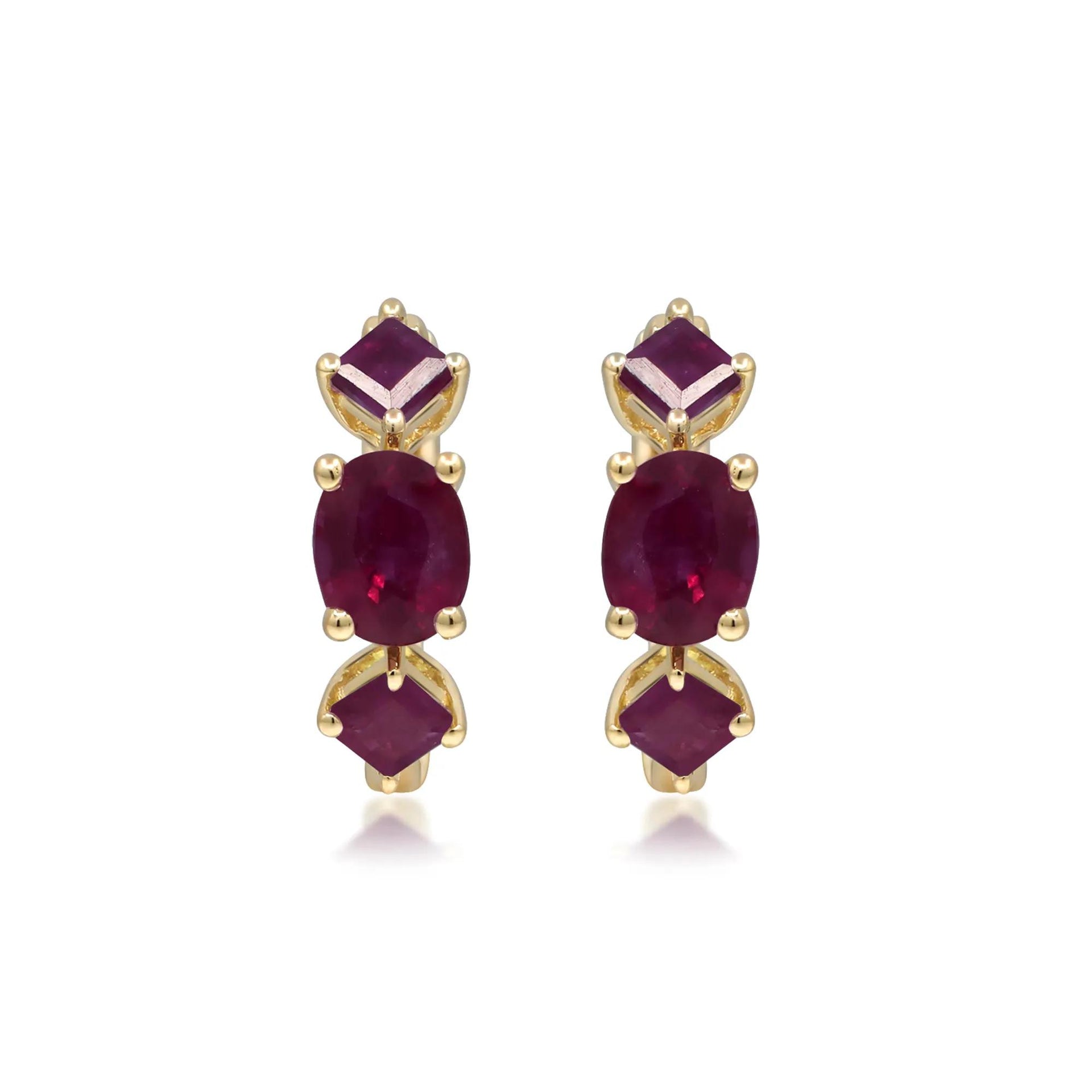 Oval and Square Ruby Huggie Hoop Earrings 10K Yellow Gold Size 10.00mm