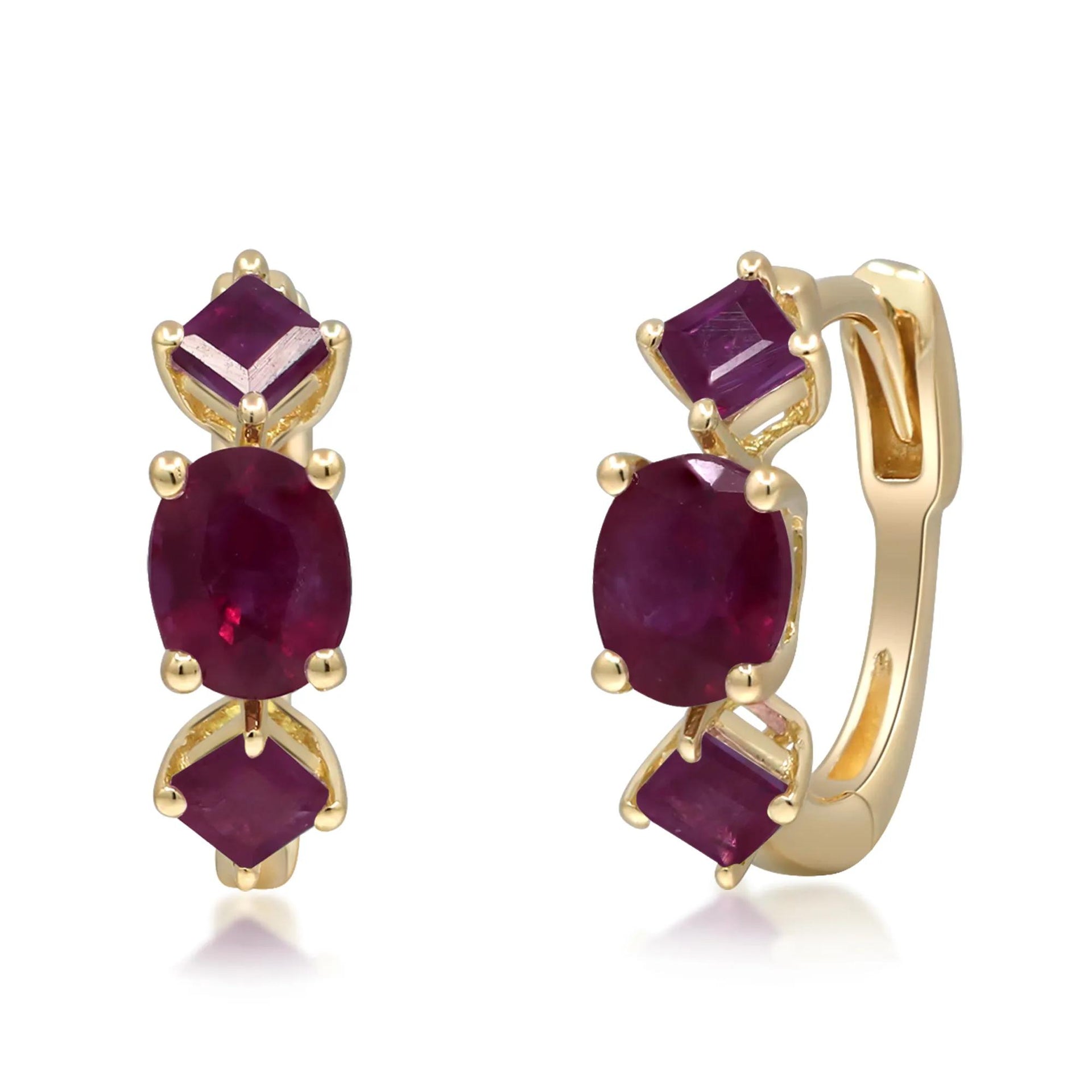 Oval and Square Ruby Huggie Hoop Earrings 10K Yellow Gold Size 10.00mm