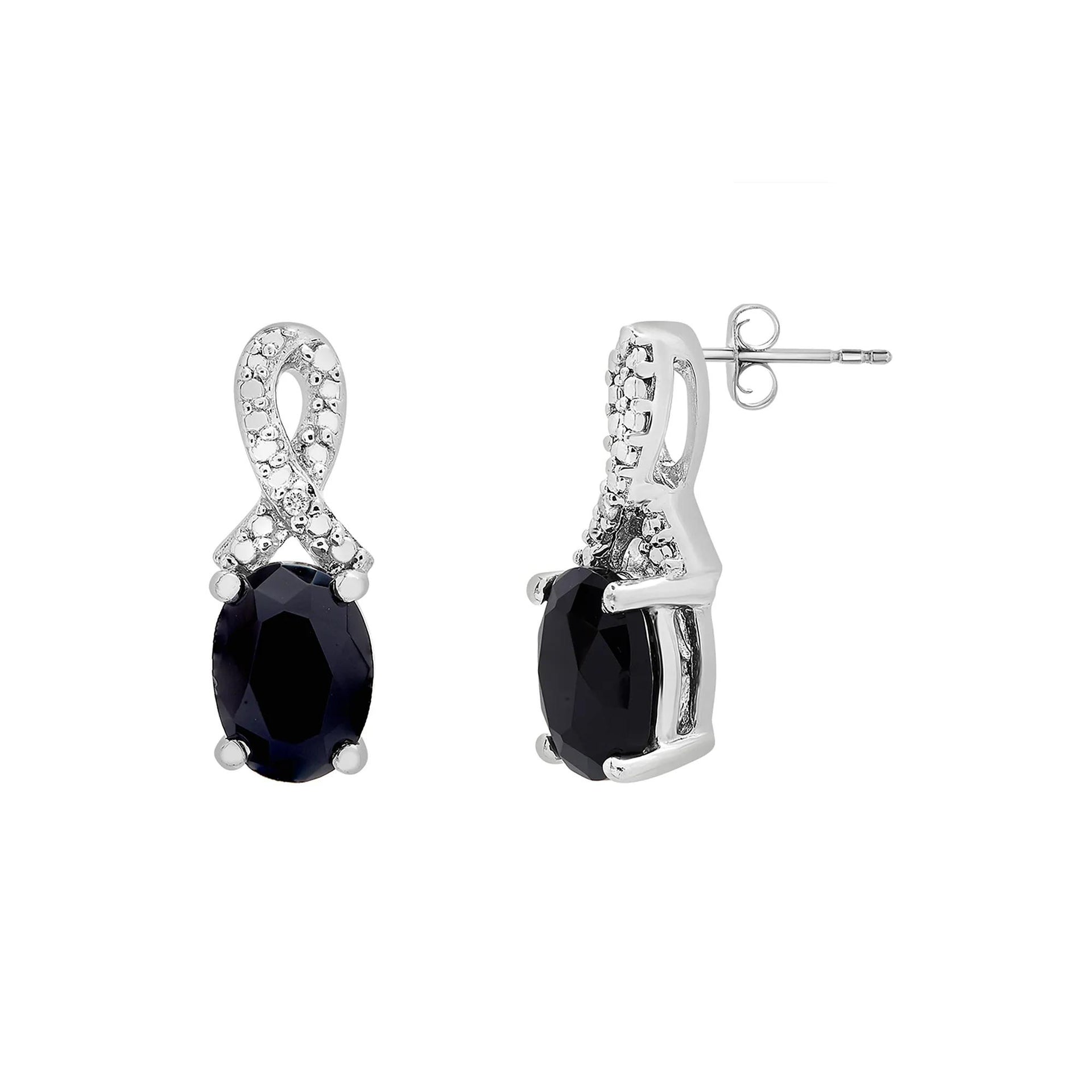 Oval Black Onyx Pendant Necklace and Earrings Set with Diamond Accents .925 Sterling Silver White Size 18"