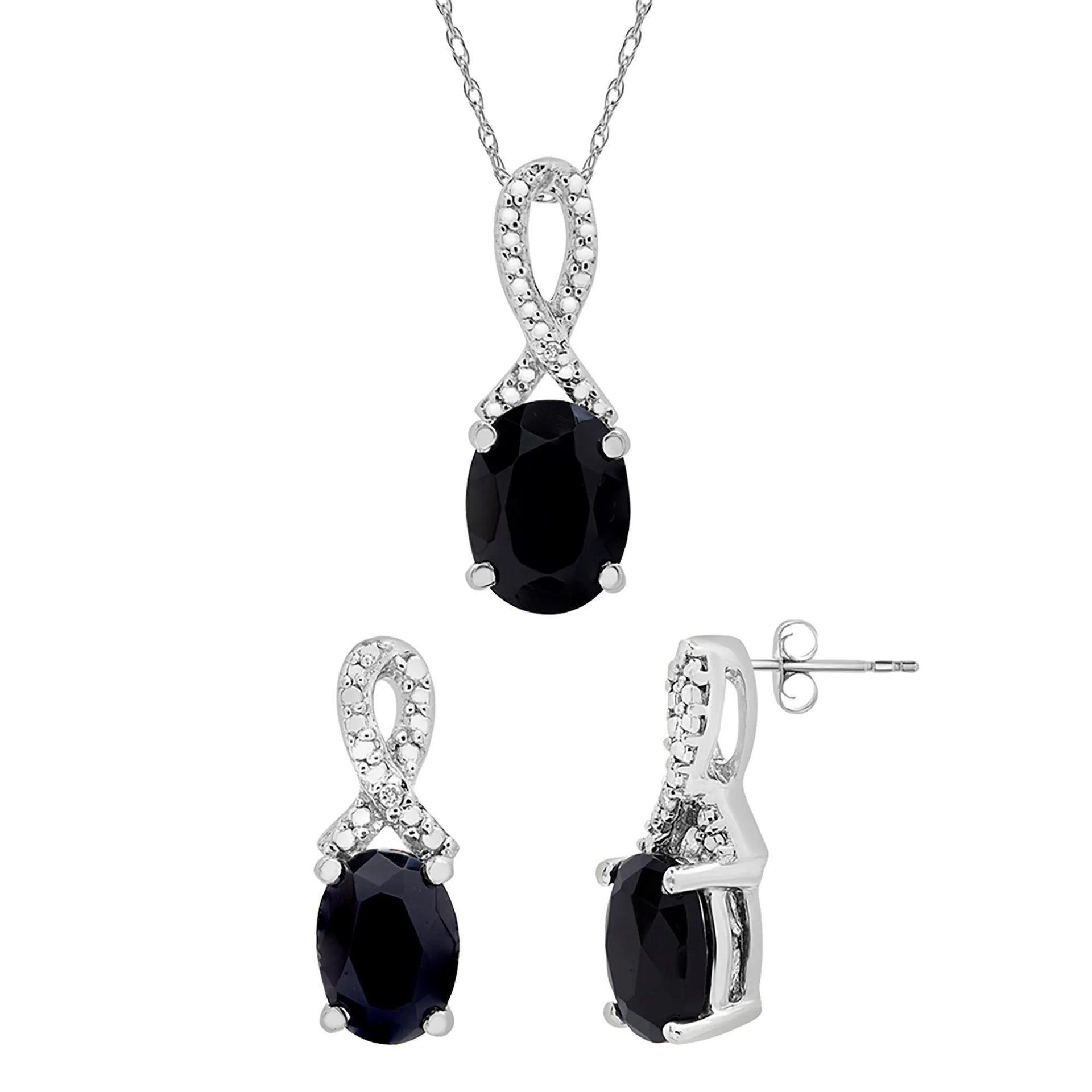 Oval Black Onyx Pendant Necklace and Earrings Set with Diamond Accents .925 Sterling Silver White Size 18"