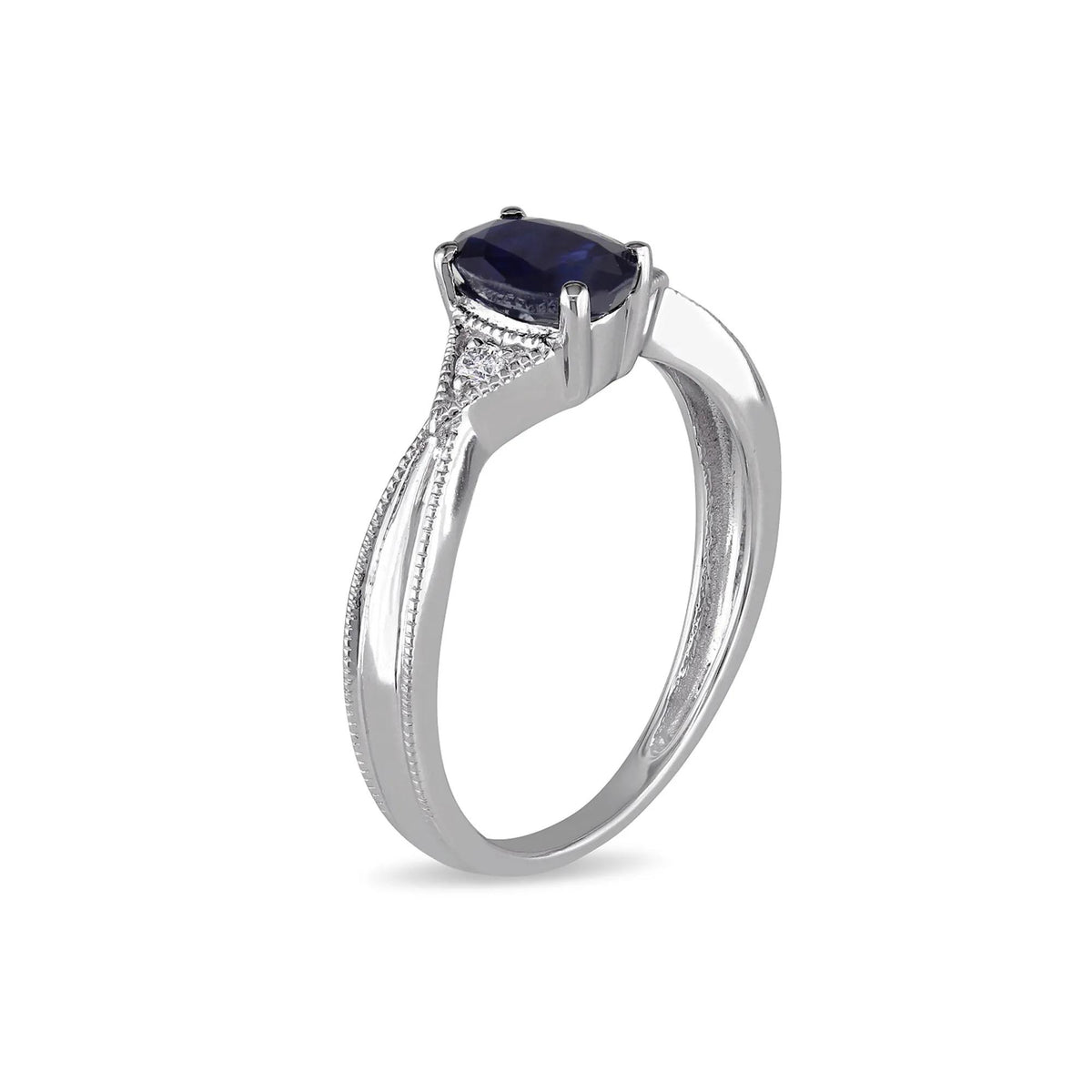 Oval Blue Sapphire & Diamond Ring with Milgrain Detail 14K White Gold Size 9