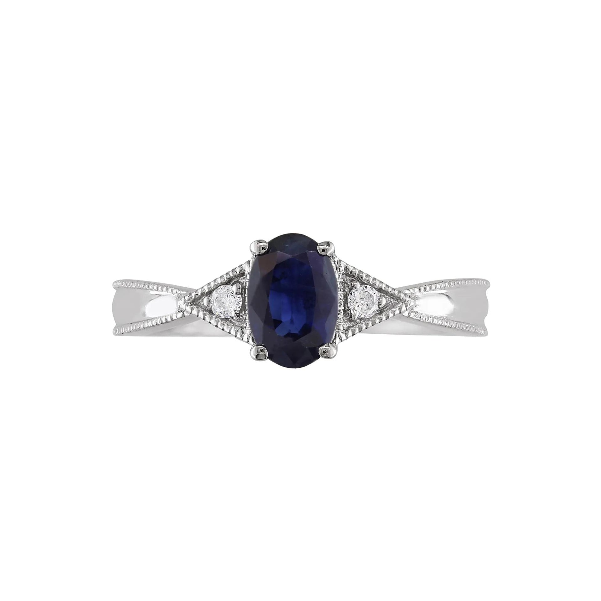 Oval Blue Sapphire & Diamond Ring with Milgrain Detail 14K White Gold Size 9