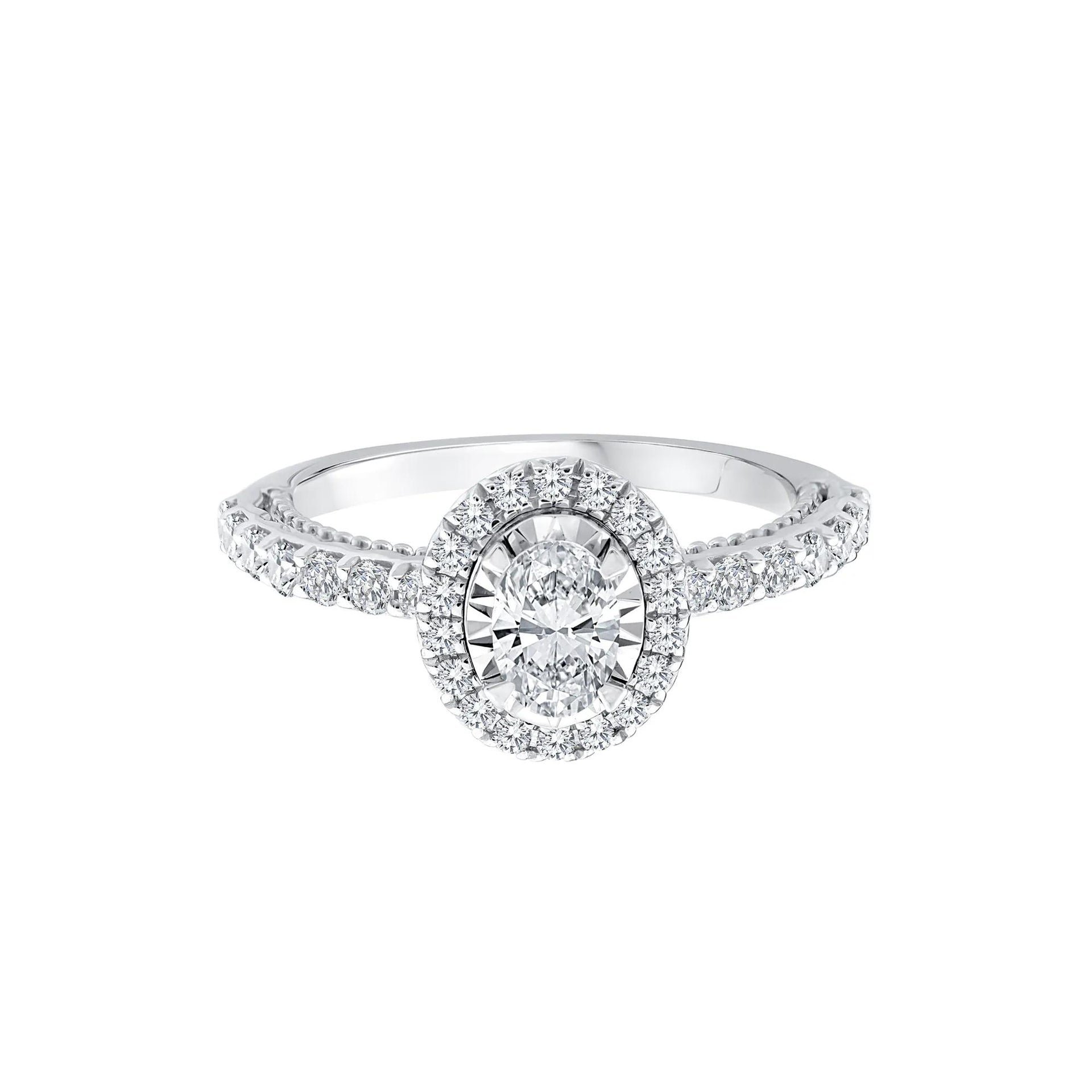 1 CT. Tw. Oval Diamond Halo Engagement Ring 10K White Gold Round Brilliant Cut Size 8 1mm