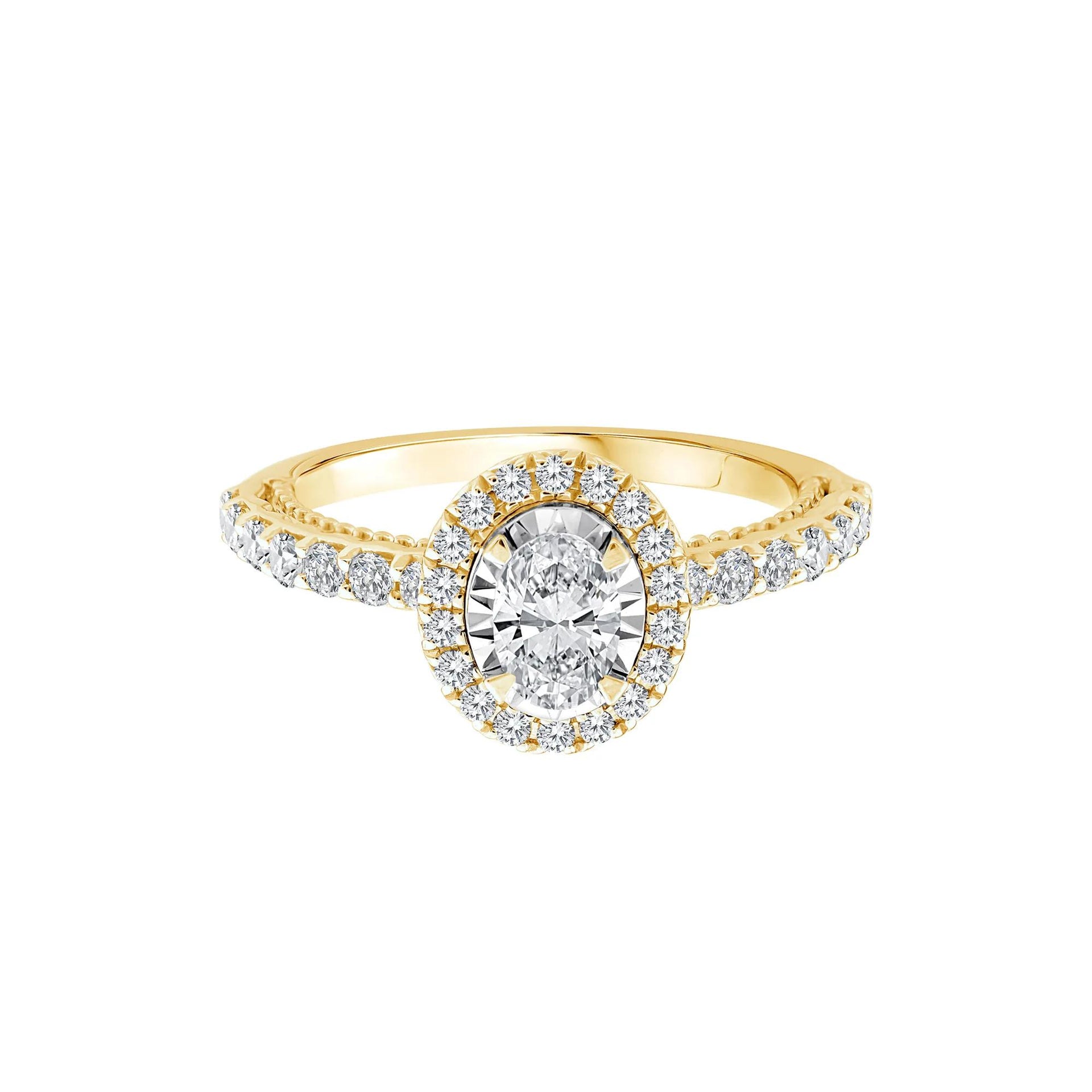 1 CT. Tw. Oval Diamond Halo Engagement Ring 10K Yellow Gold Round Brilliant Cut Size 6.5 1mm