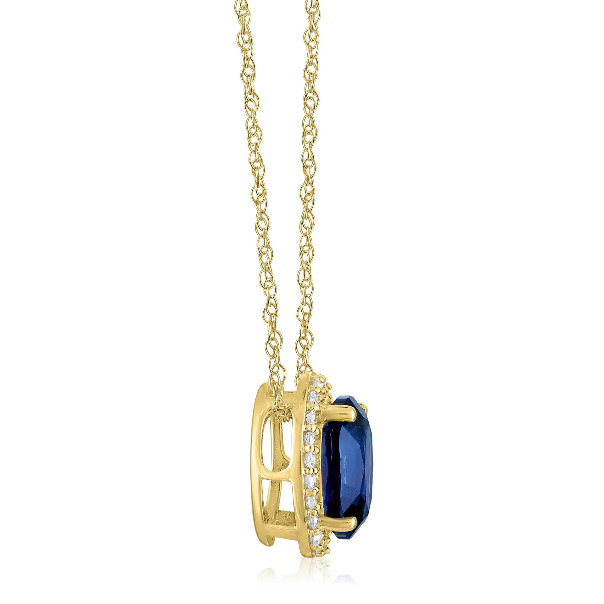 Oval Lab-Created Blue Sapphire and Diamond Accent Halo Pendant Necklace 10K Yellow Gold White Size 18"