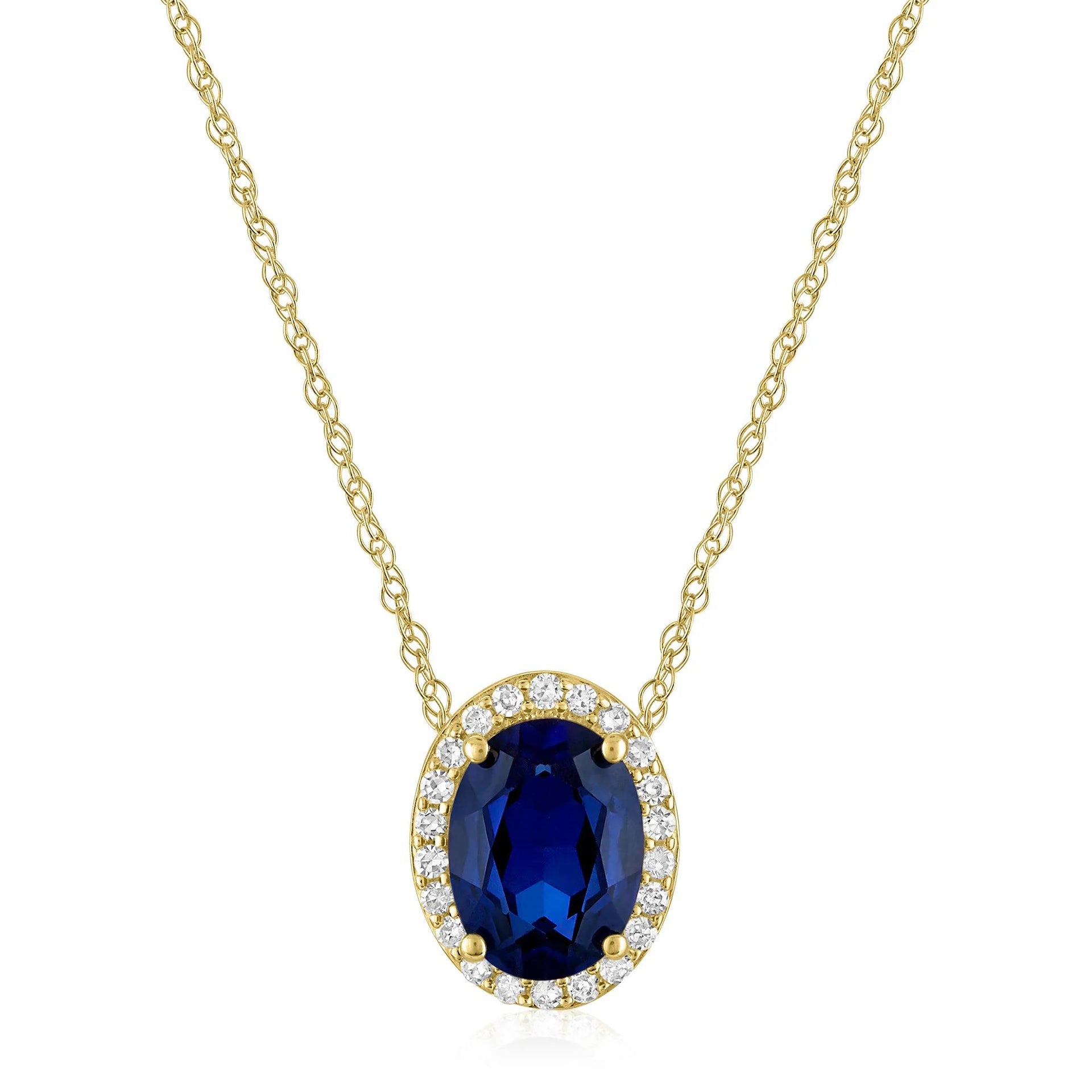 Oval Lab-Created Blue Sapphire and Diamond Accent Halo Pendant Necklace 10K Yellow Gold White Size 18"