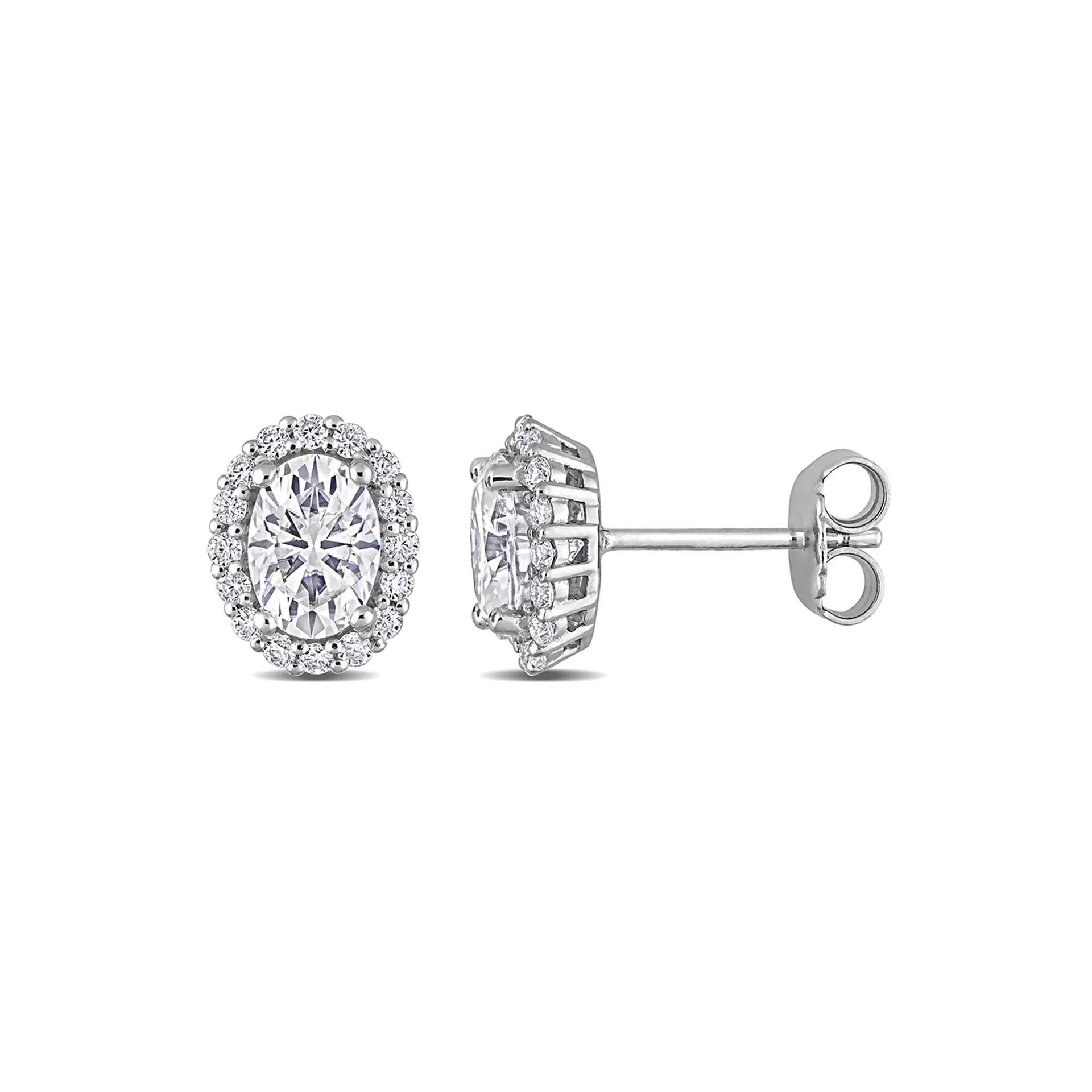 Oval Moissanite Stud Earrings with Halo .925 Sterling Silver (2 1/3 CT. Dew) White Size 7.90mm
