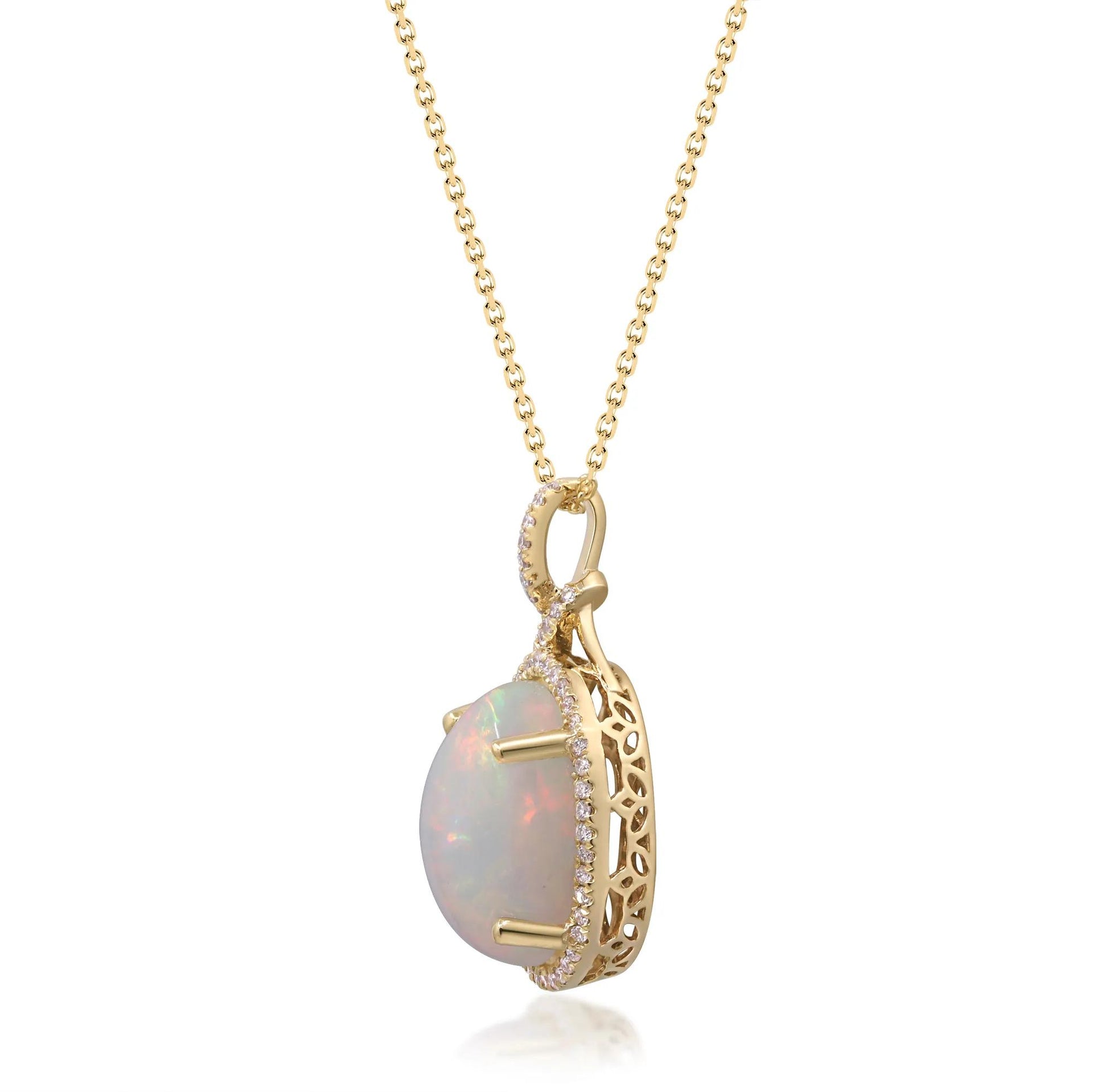 1/5 CT. Tw. Oval Opal and Diamond Pendant Necklace 14K Yellow Gold Size 18"