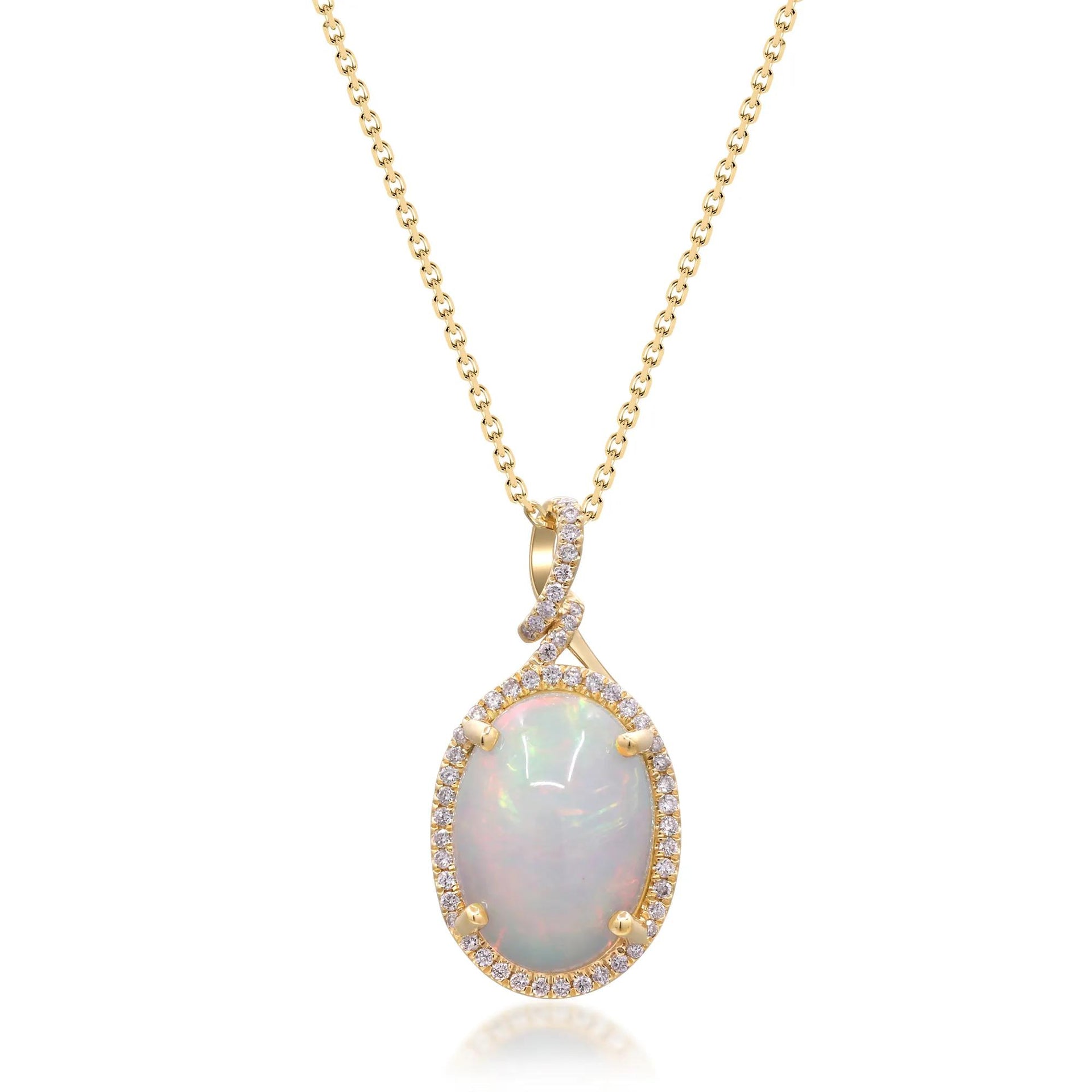1/5 CT. Tw. Oval Opal and Diamond Pendant Necklace 14K Yellow Gold Size 18"