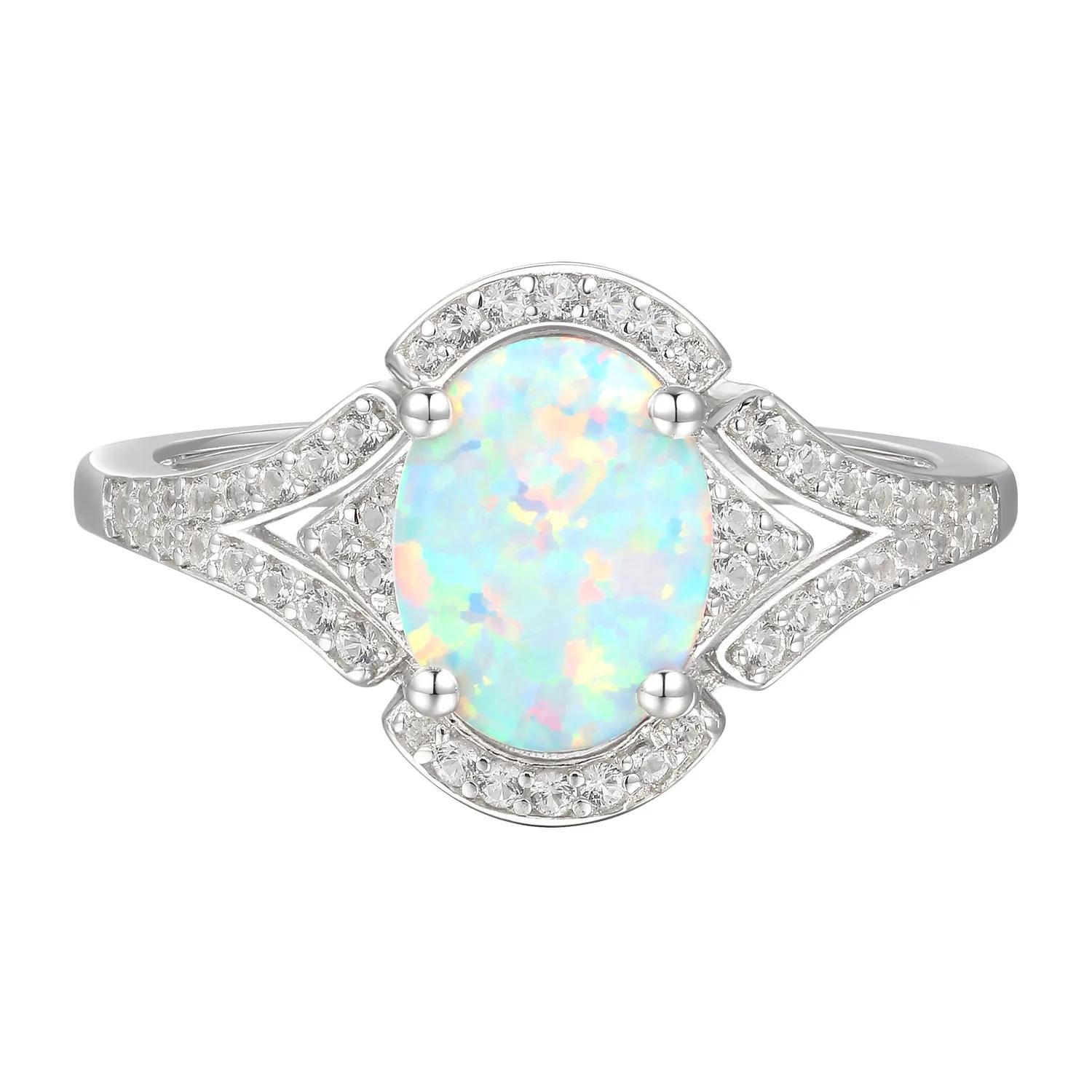 Oval Opal & Lab Created White Sapphire Earring Pendant Necklace & Ring Set .925 Sterling Silver Size 6