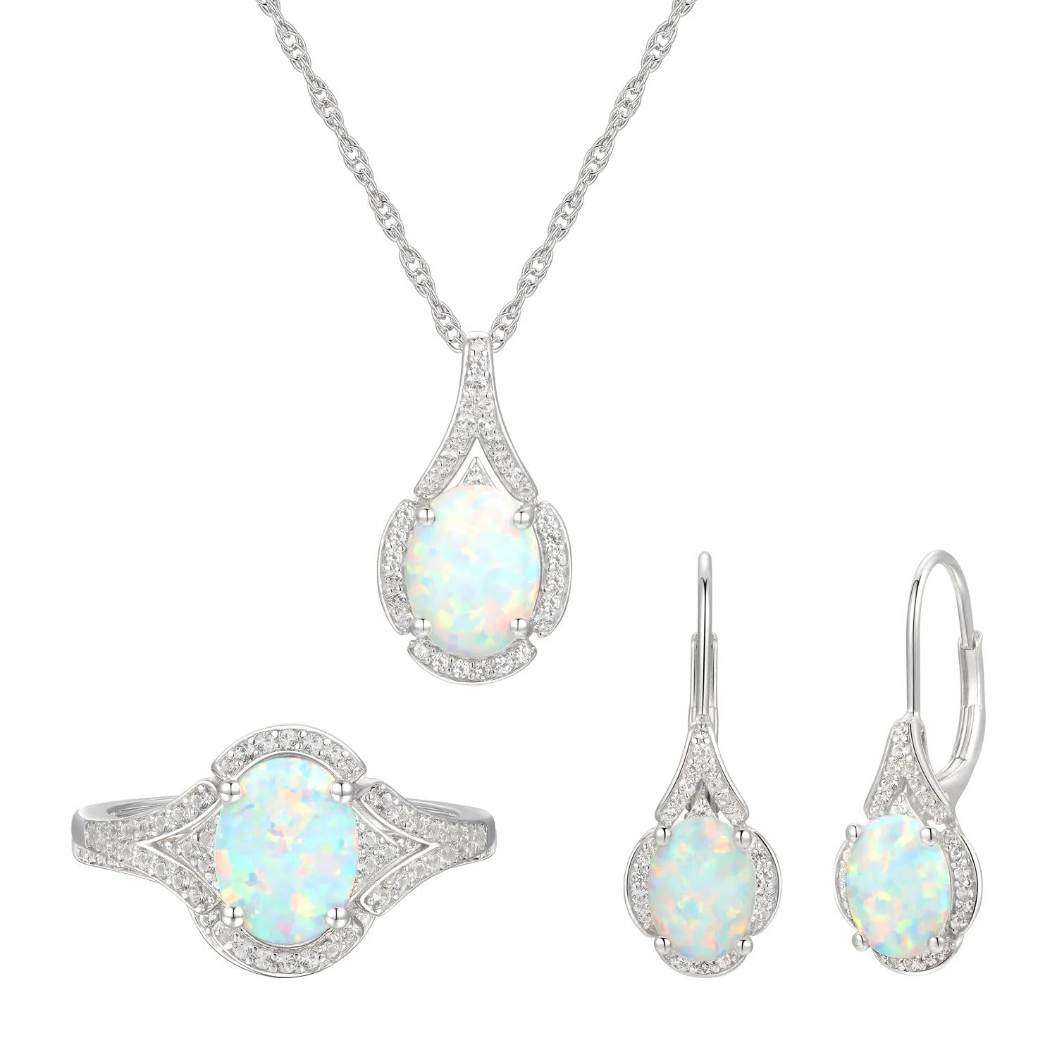 Oval Opal & Lab Created White Sapphire Earring Pendant Necklace & Ring Set .925 Sterling Silver Size 7.5