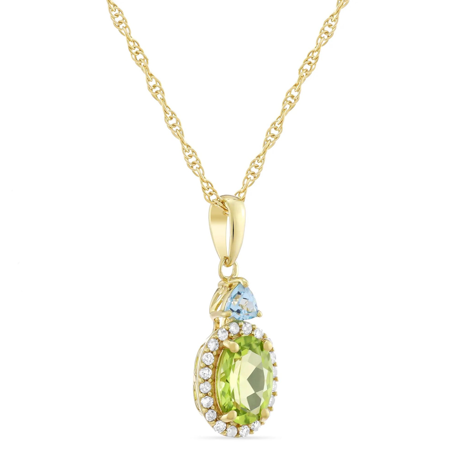 Oval Peridot Blue Topaz & Diamond Accent Pendant Necklace 10K Yellow Gold Size 18"