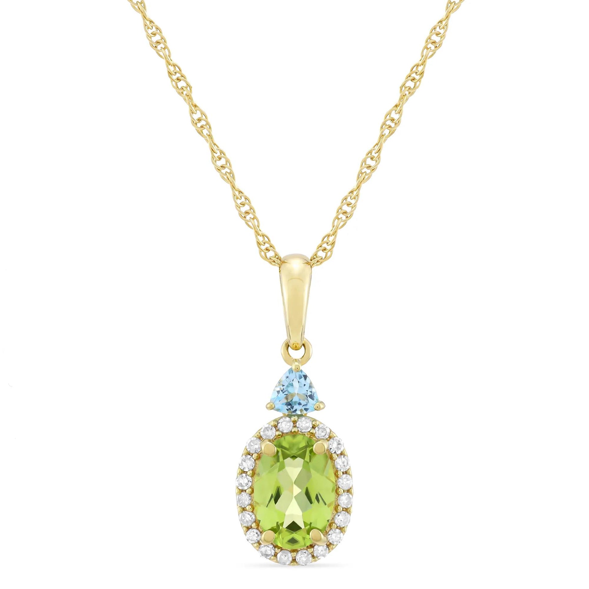 Oval Peridot Blue Topaz & Diamond Accent Pendant Necklace 10K Yellow Gold Size 18"