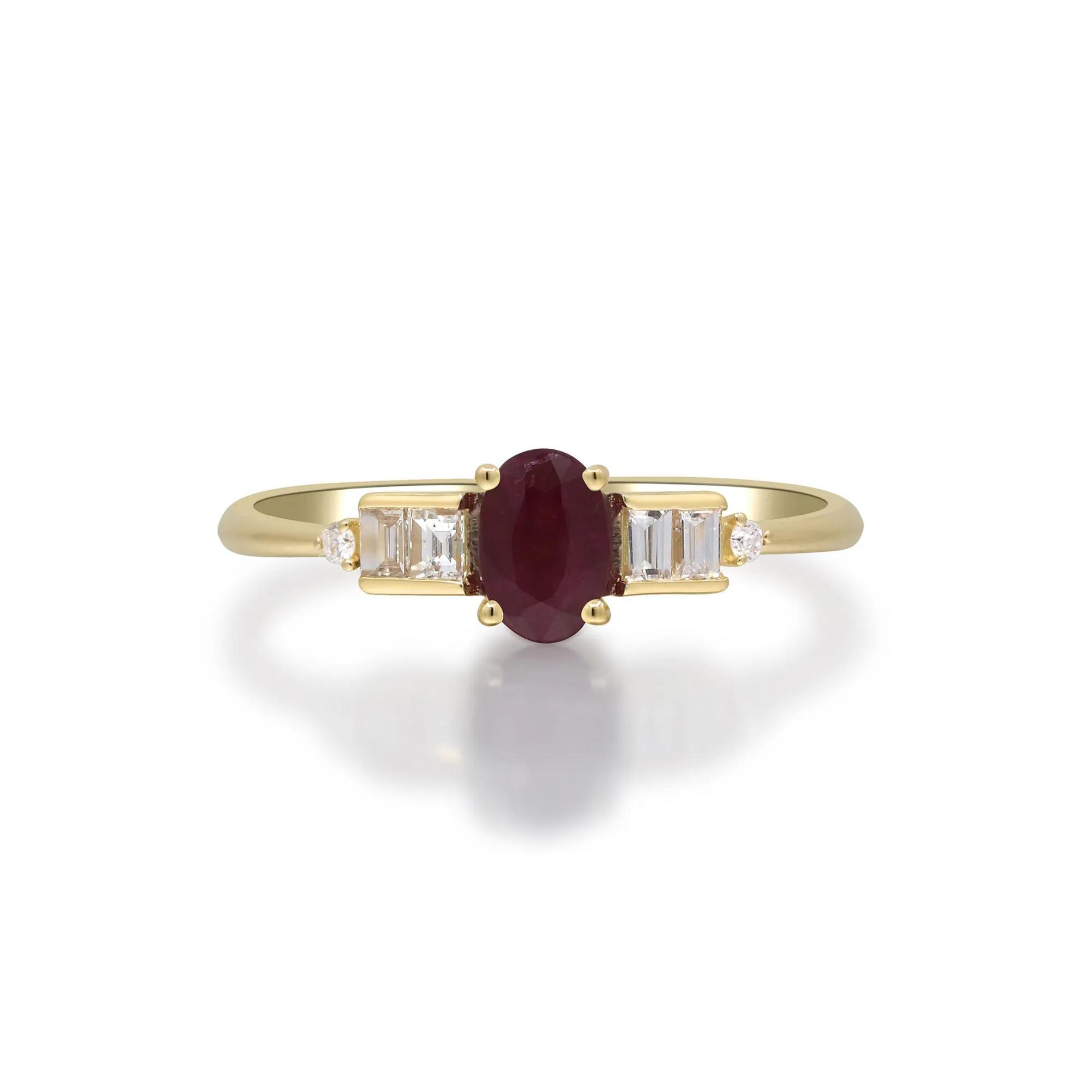 1/7 CT. Tw. Oval Ruby & Diamond Ring 10K Yellow Gold Round Brilliant Cut Size 8.5 2mm