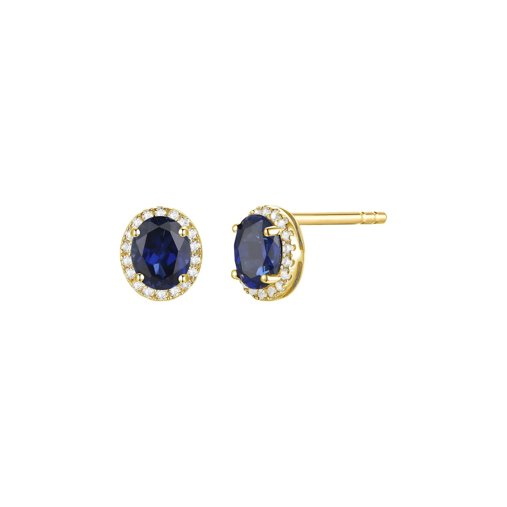 1/10 CT. Tw. Oval-Shaped Blue Sapphire & Diamond Halo Stud Earrings 14K Yellow Gold Size 5.30mm