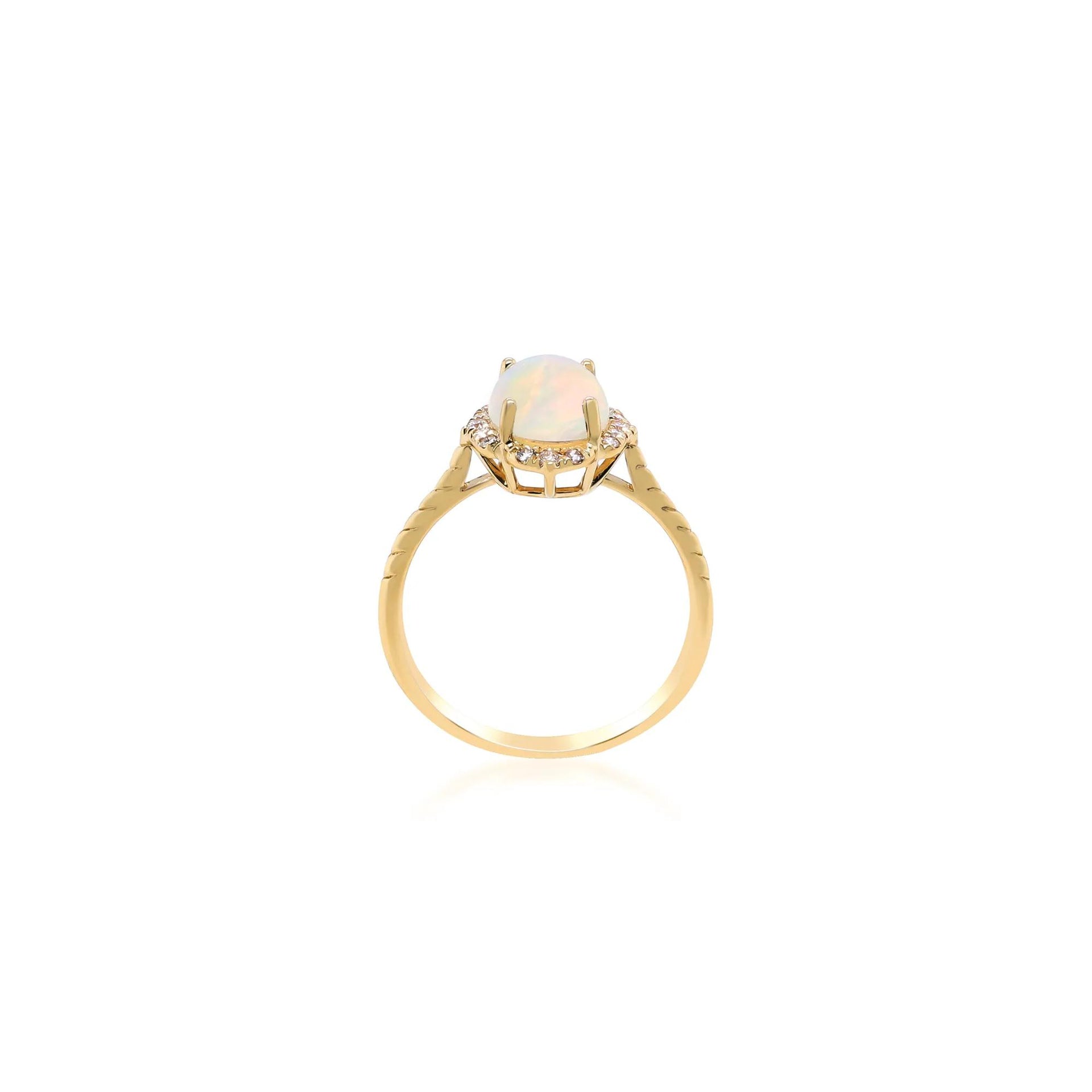 Oval-Shaped Opal and Diamond Ring 10K Yellow Gold Round Brilliant Cut Size 6.5 2mm