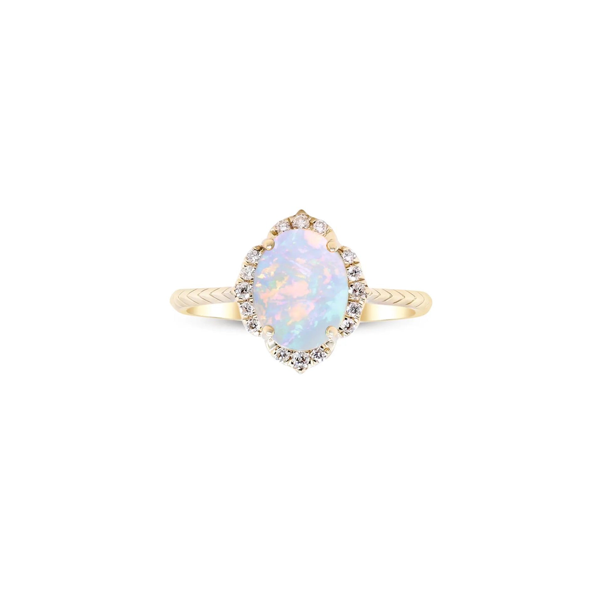 Oval-Shaped Opal and Diamond Ring 10K Yellow Gold Round Brilliant Cut Size 6.5 2mm