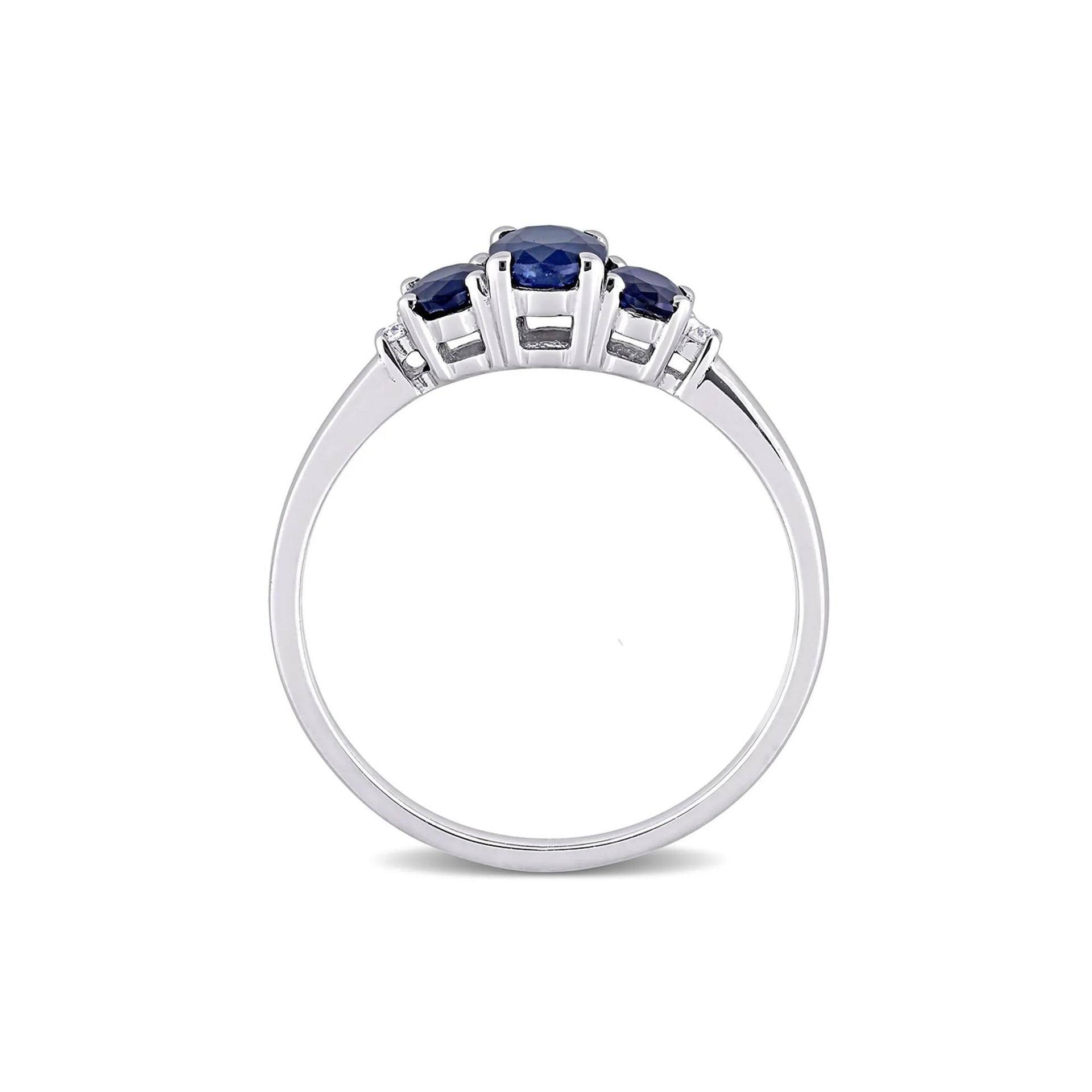 Oval Three-Stone Blue Sapphire Ring 10K White Gold Size 6
