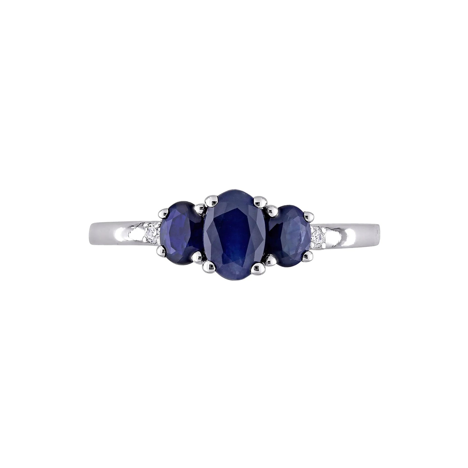 Oval Three-Stone Blue Sapphire Ring 10K White Gold Size 6