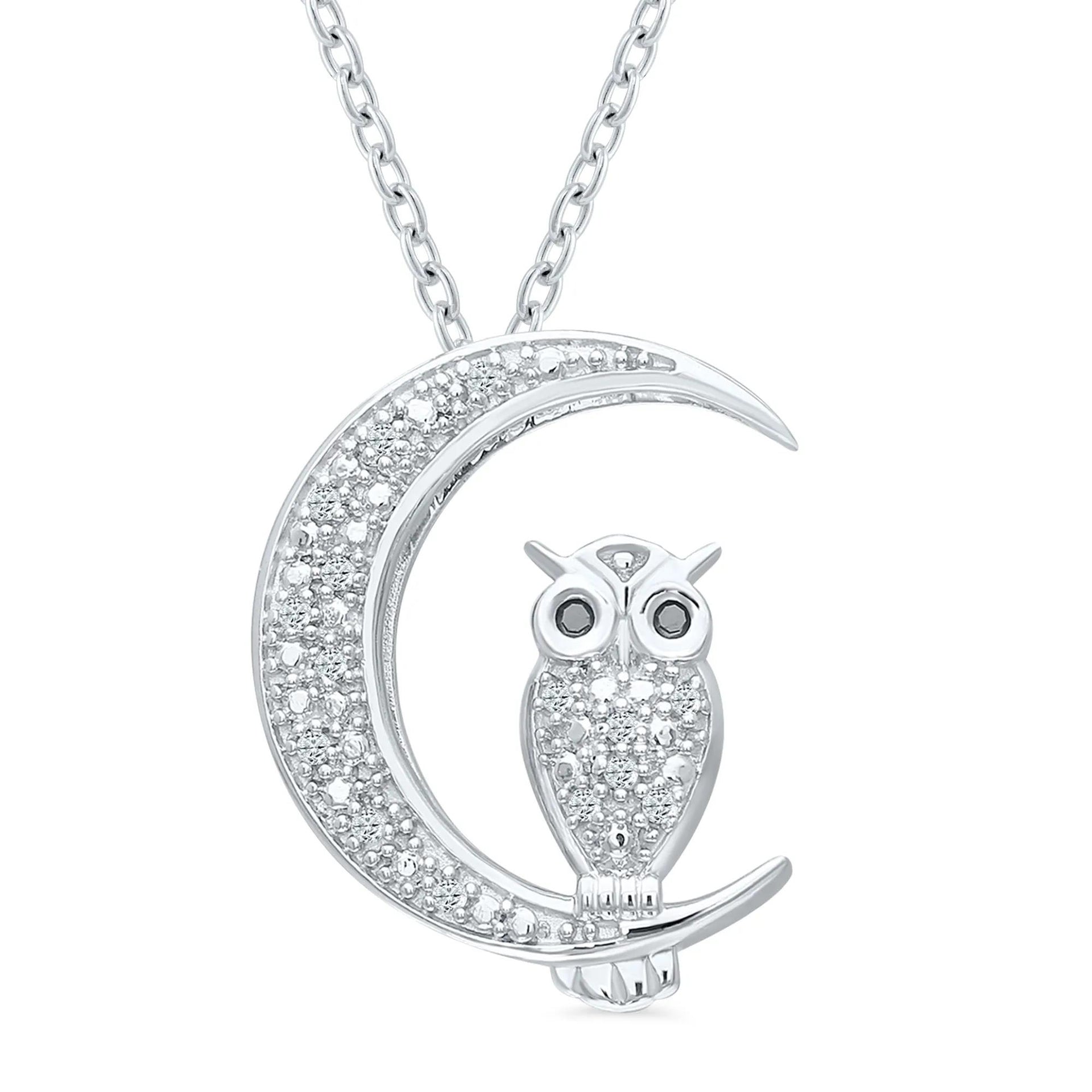 Owl and Moon Diamond Accent Pendant Necklace .925 Sterling Silver White Size 18"