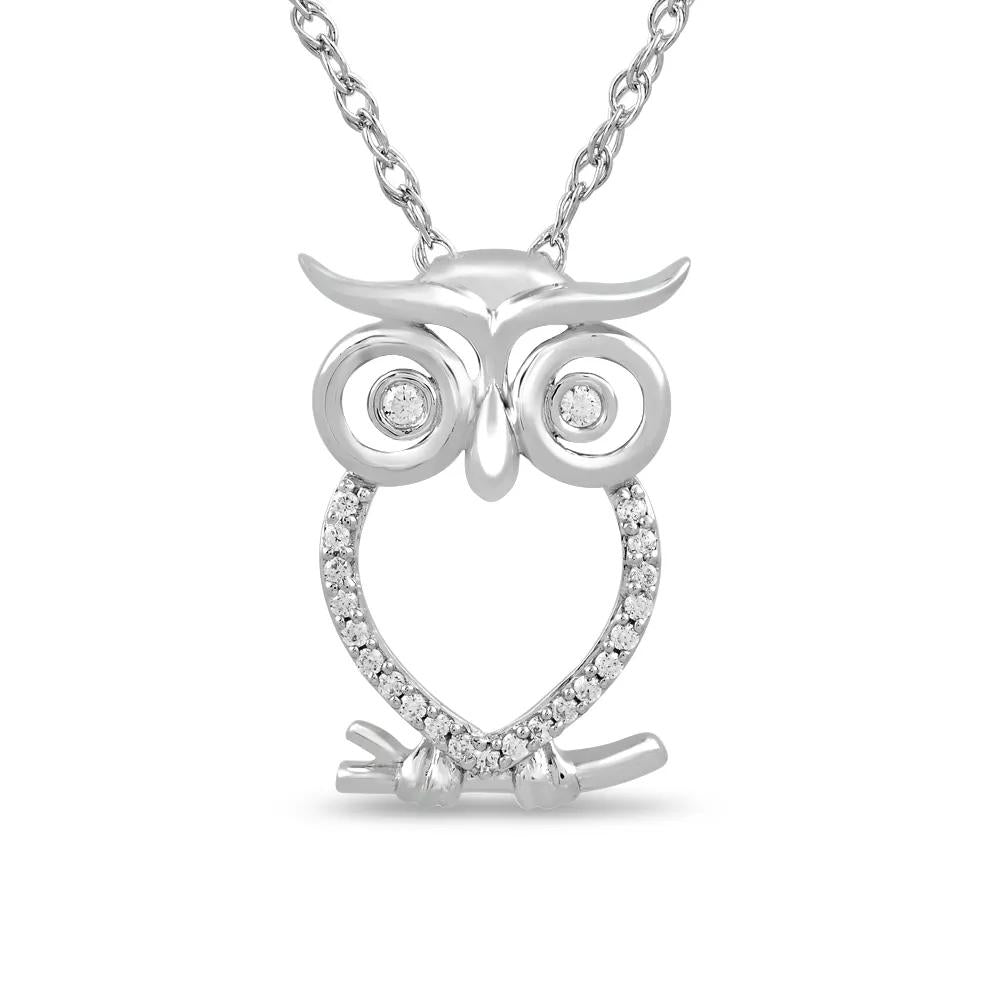 Owl Pendant Necklace with Diamond Accents .925 Sterling Silver White Size 18"
