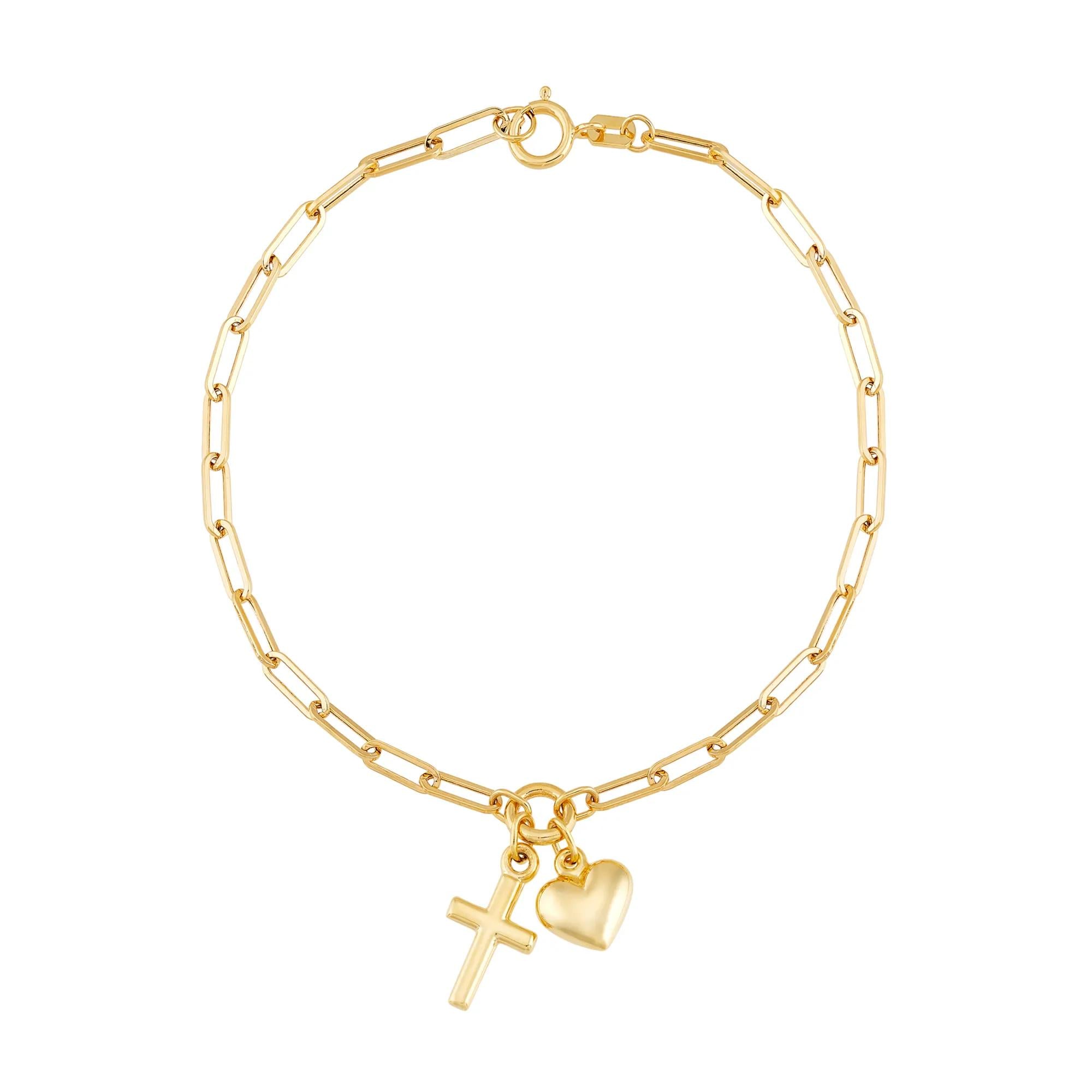 Paperclip Bracelet with Heart and Cross Charms 14K Yellow Gold