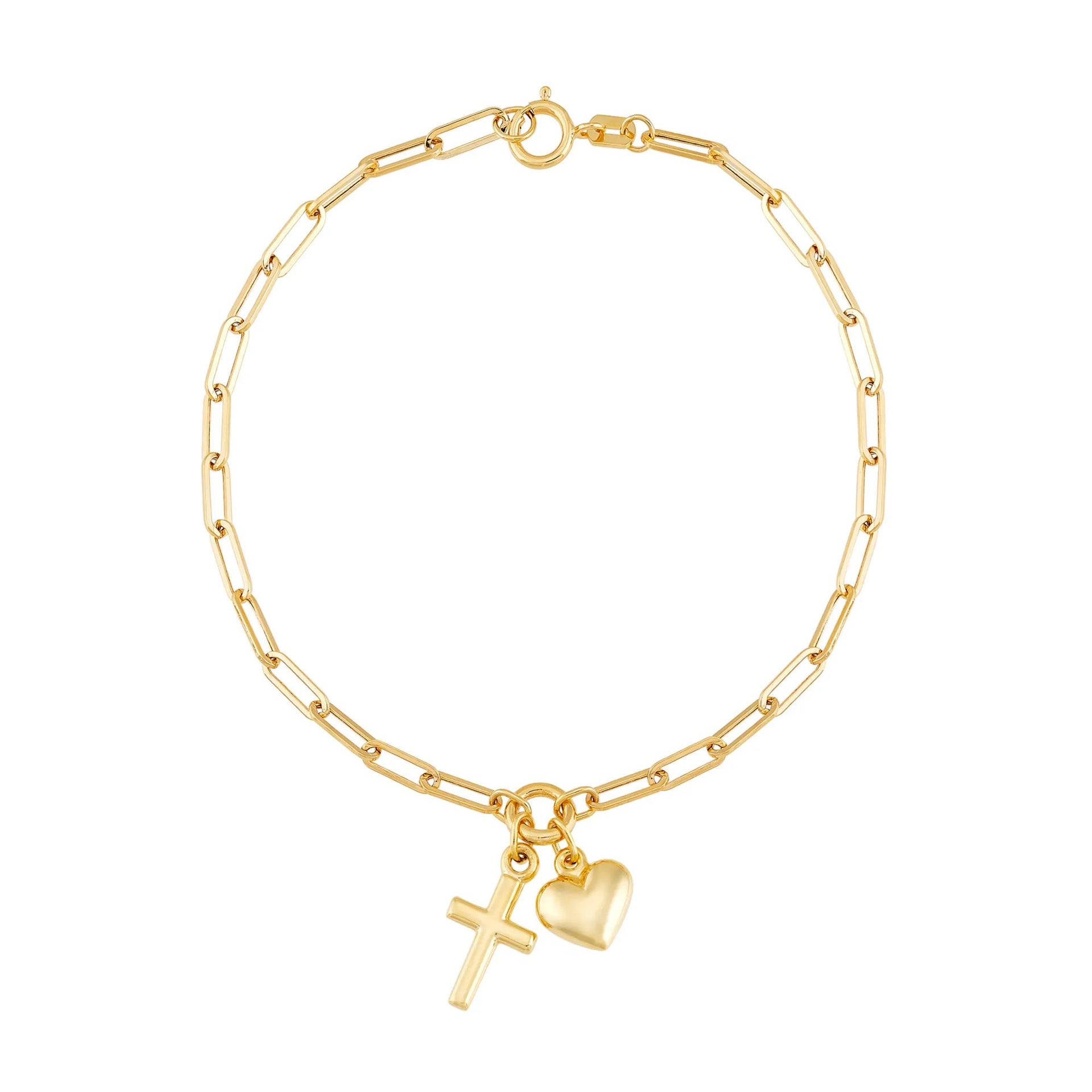 Paperclip Bracelet with Heart and Cross Charms 14K Yellow Gold 7.25" Size 7.5"