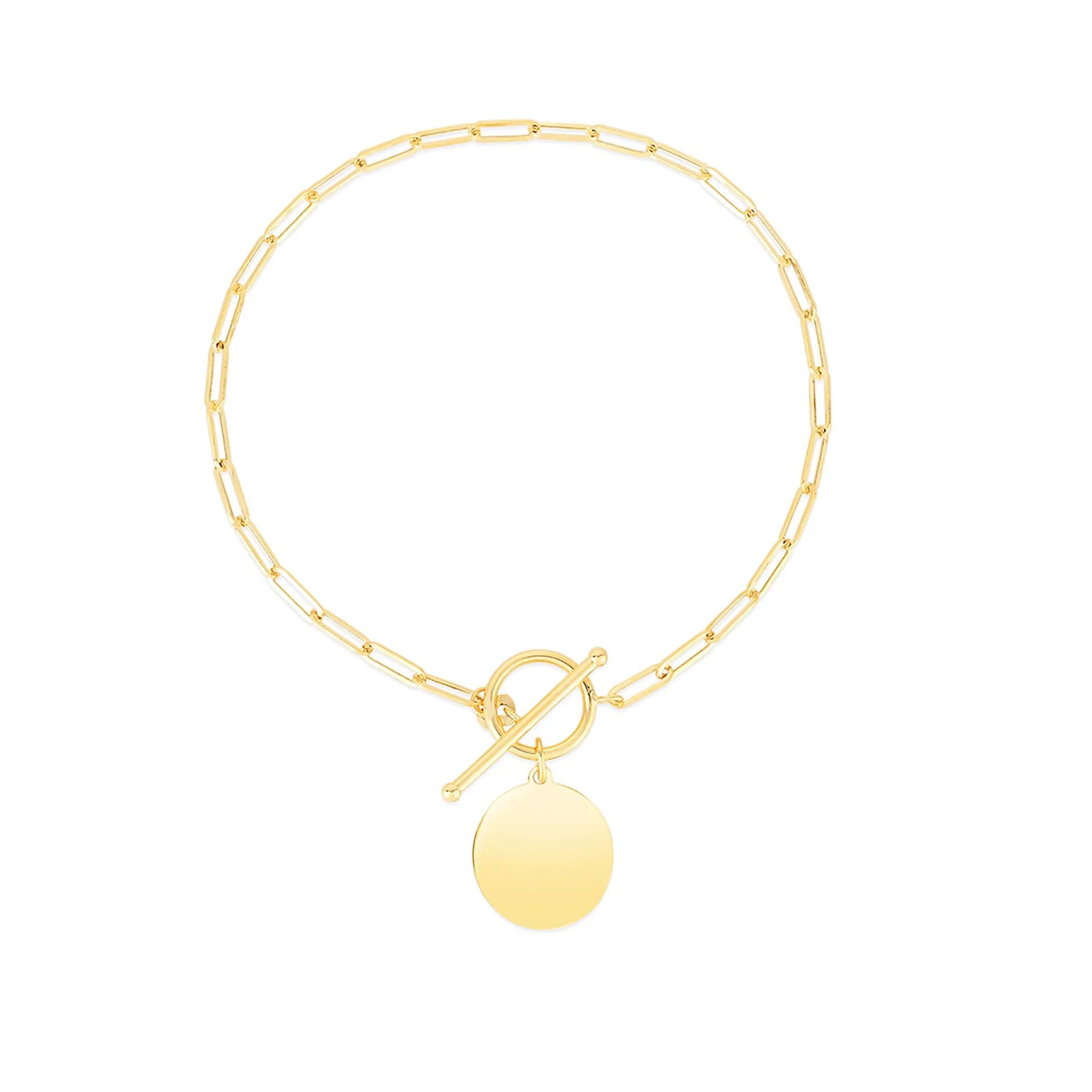 Paperclip Chain Bracelet with Engravable Disc 14K Yellow Gold Size 7.5"