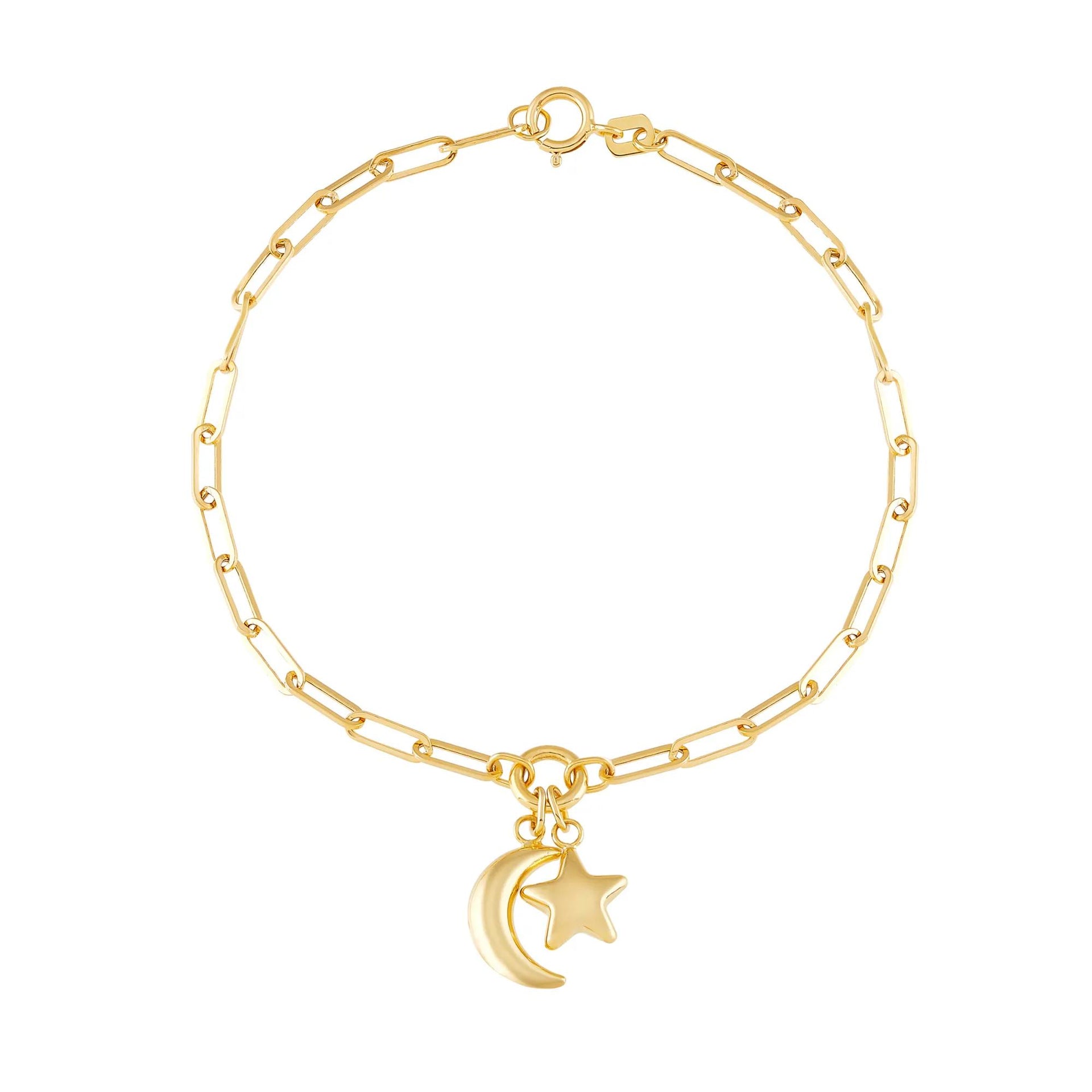 Paperclip Chain Bracelet with Moon & Star Charms 14K Yellow Gold Size 7.5"