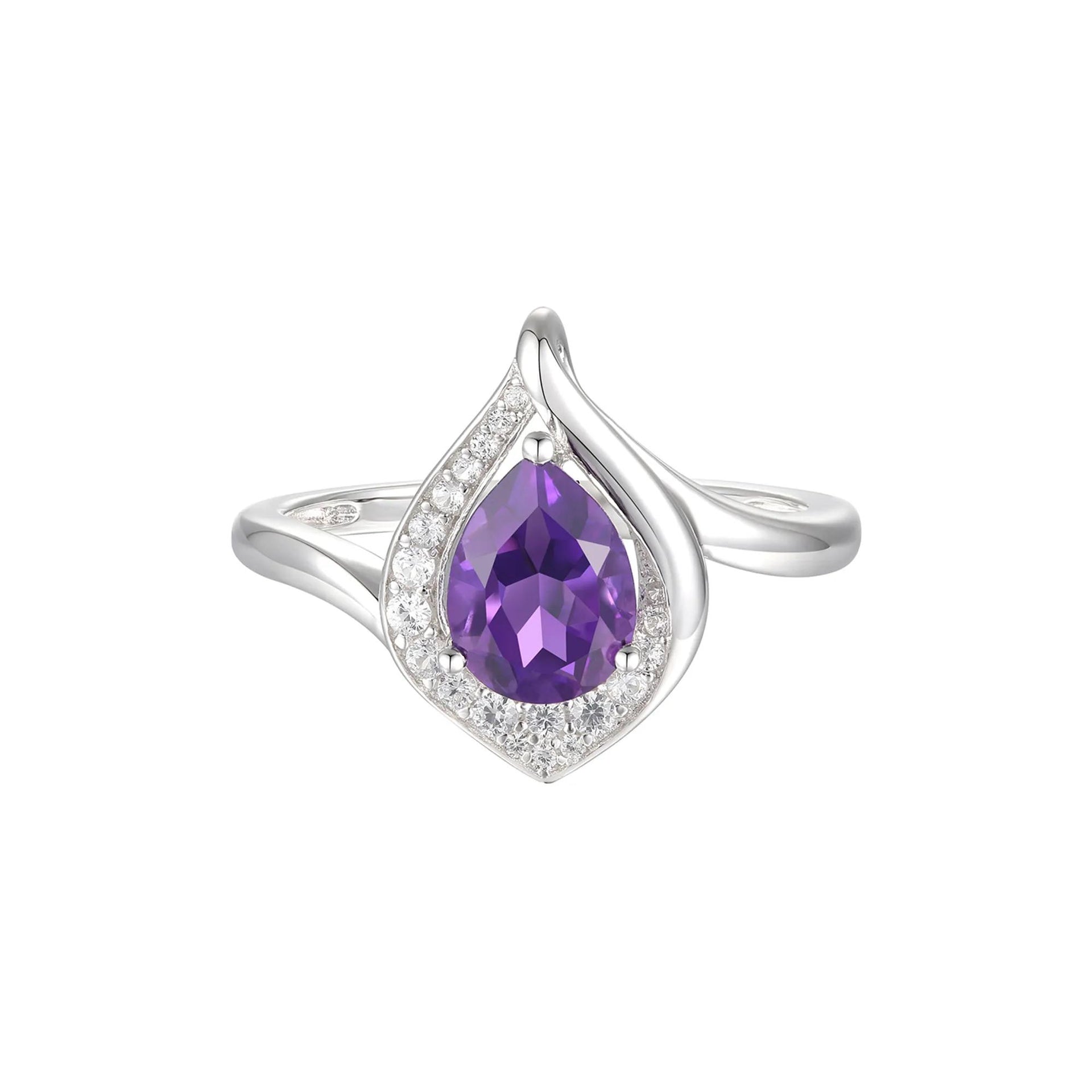 Pear-Shaped Amethyst & Lab Created White Sapphire Earring Pendant Necklace & Ring Set .925 Sterling Silver Size 8.5