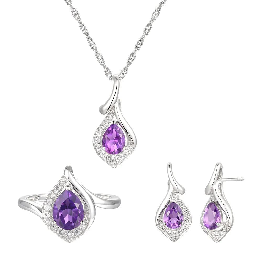 Pear-Shaped Amethyst & Lab Created White Sapphire Earring Pendant Necklace & Ring Set .925 Sterling Silver Size 8.5