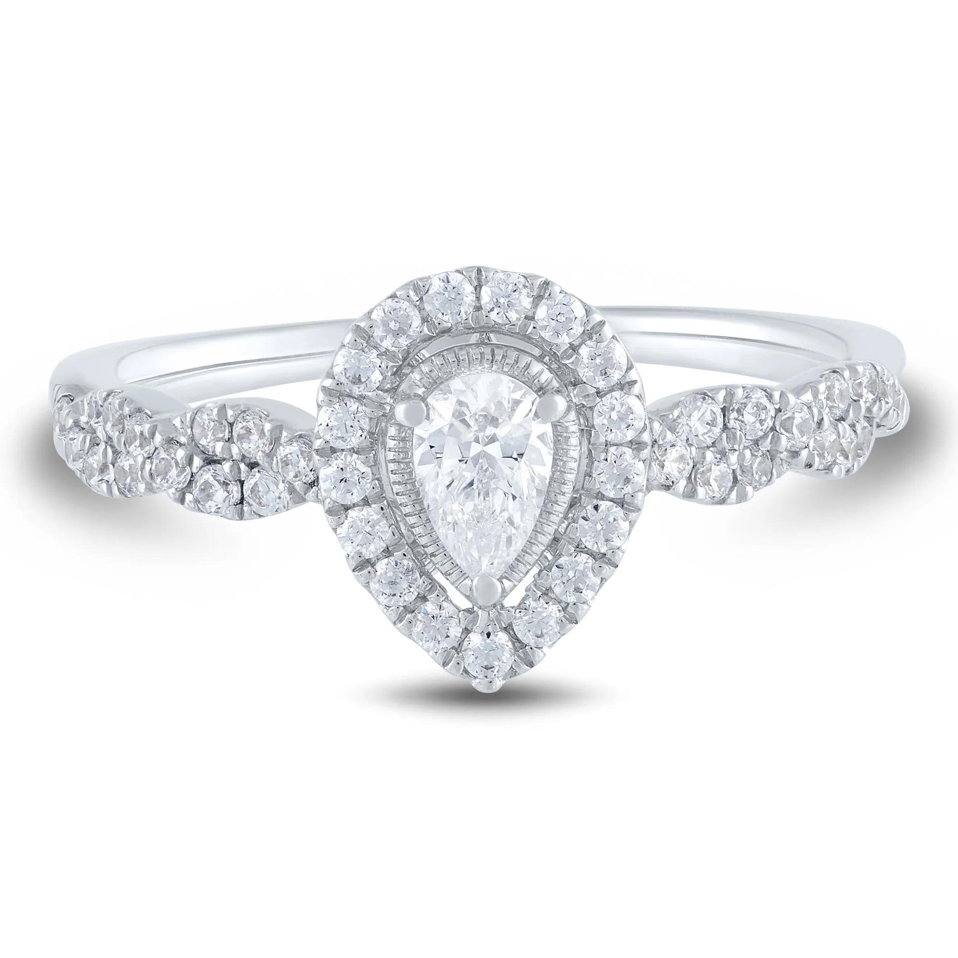 1/2 CT. Tw. Diamond Pear-Shaped Halo Engagement Ring 10K White Gold Round Brilliant Cut Size 9 1mm